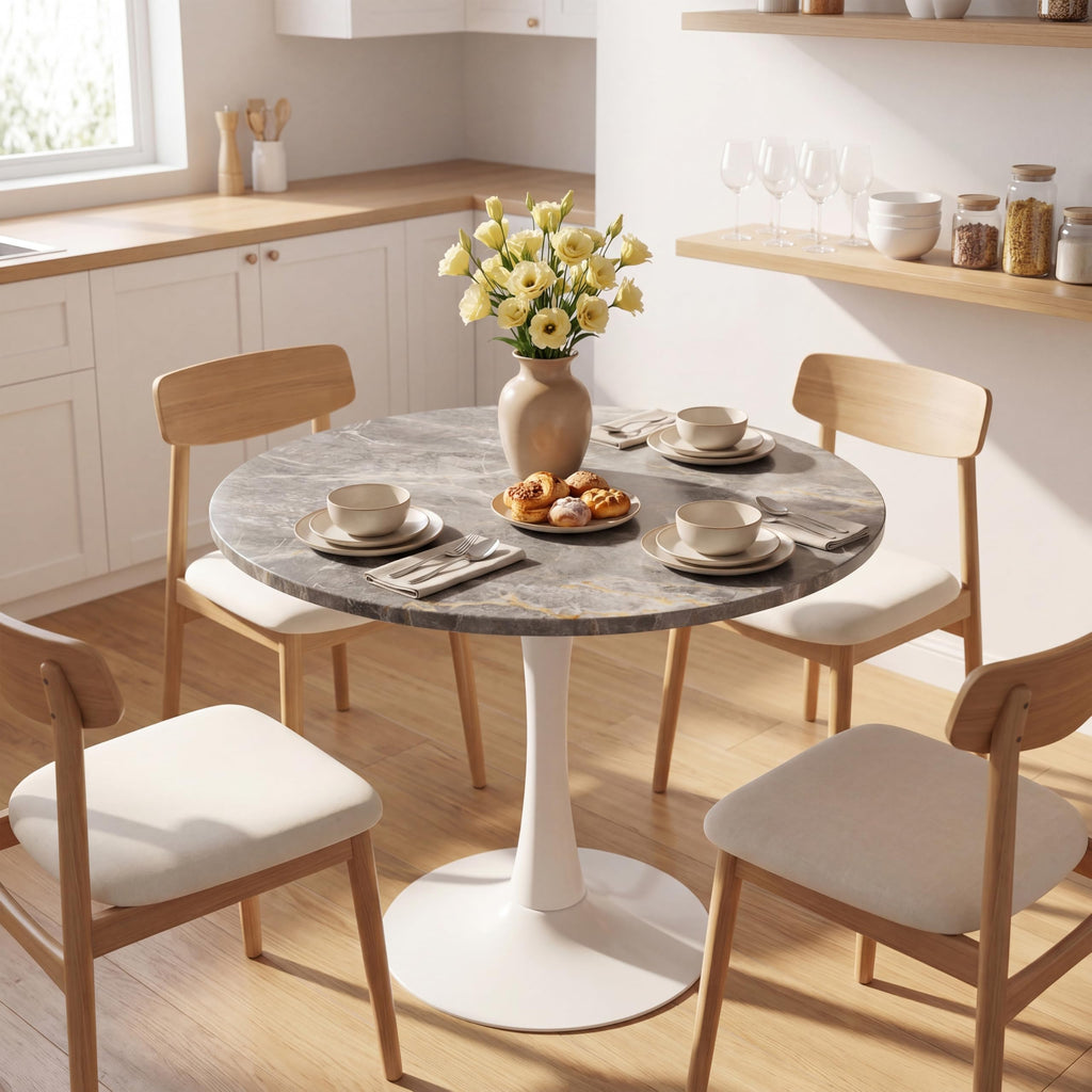 Sybrioka 27.6" Marble Round Tulip Table, Mid-Century Modern Style Dining Table with White Pedestal Base for 2-4 People, Featuring A Marble Tabletop for Kitchen, Dining Room, Cafe (Dark Grey)
