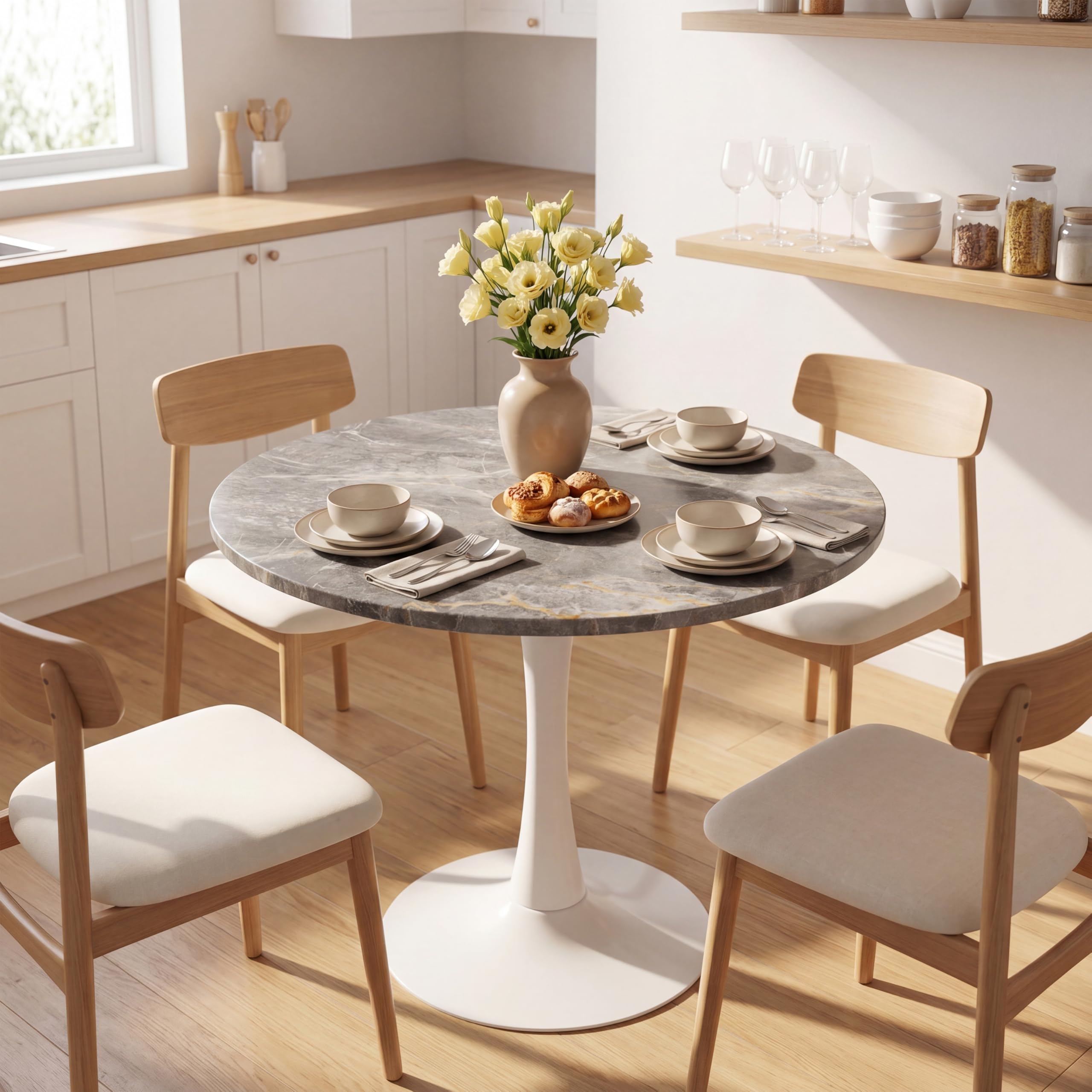 Sybrioka 27.6" Marble Round Tulip Table, Mid-Century Modern Style Dining Table with White Pedestal Base for 2-4 People, Featuring A Marble Tabletop for Kitchen, Dining Room, Cafe (Dark Grey)