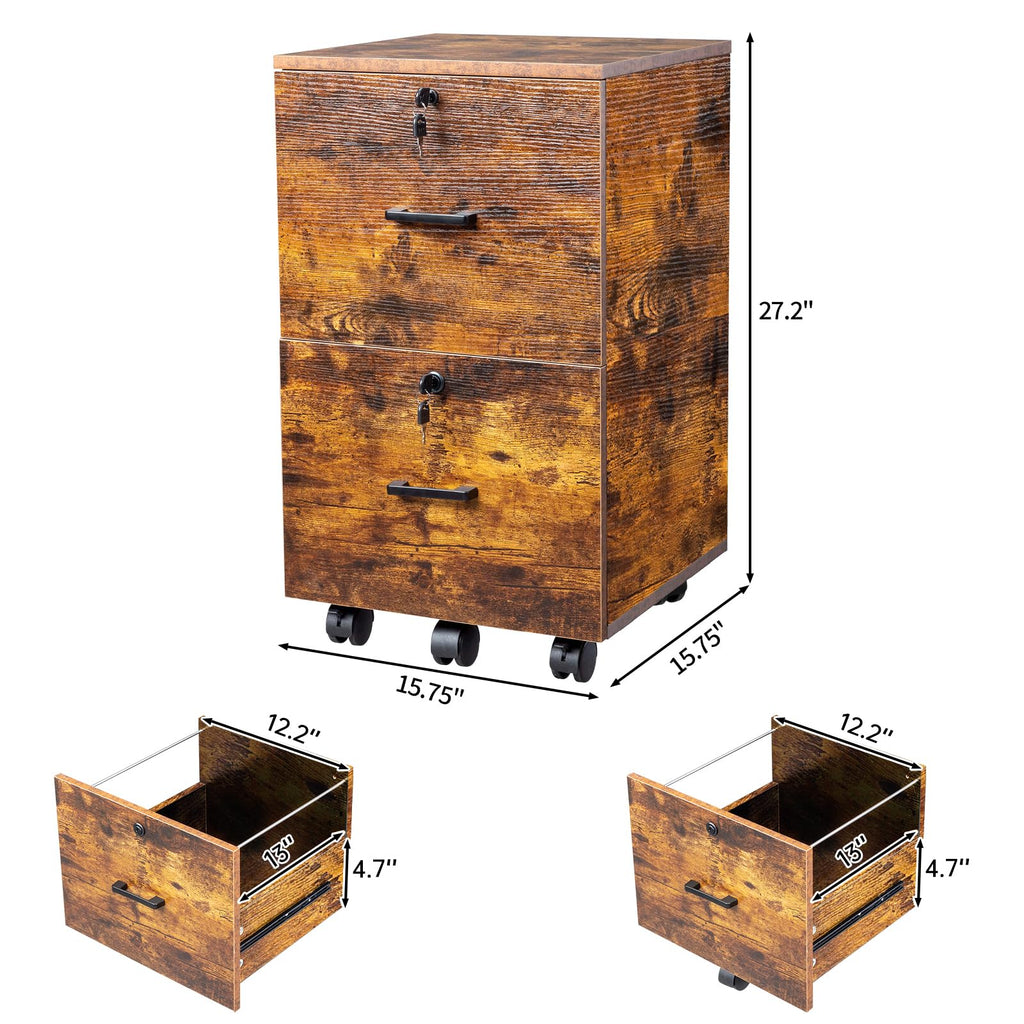 2-Drawer Small Rolling File Cabinet with Lock, Wood Filing Cabinet for Hanging Letter Size Filings with Tabs, Mobile Under Desk File Cabinets for Home Office, Rustic Brown, 27.2" H