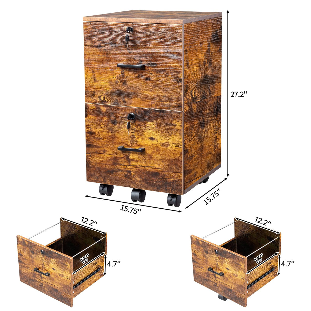 2-Drawer Small Rolling File Cabinet with Lock, Wood Filing Cabinet for Hanging Letter Size Filings with Tabs, Mobile Under Desk File Cabinets for Home Office, Rustic Brown, 27.2" H