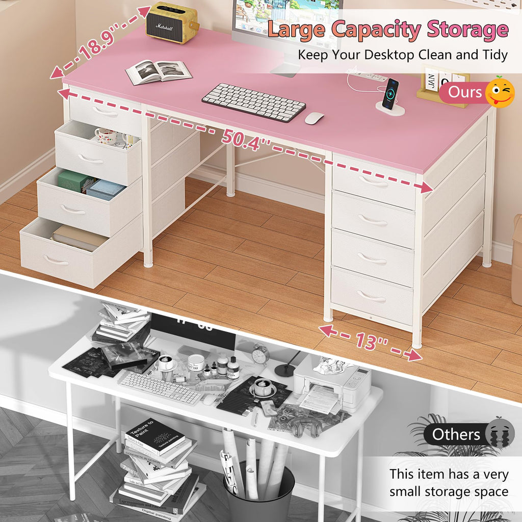 50 Inch Computer Desk with 8 Drawers, Home Office Desk with Power Outlets, Work Study Gaming Desk with 8 Fabric Drawers, Pink
