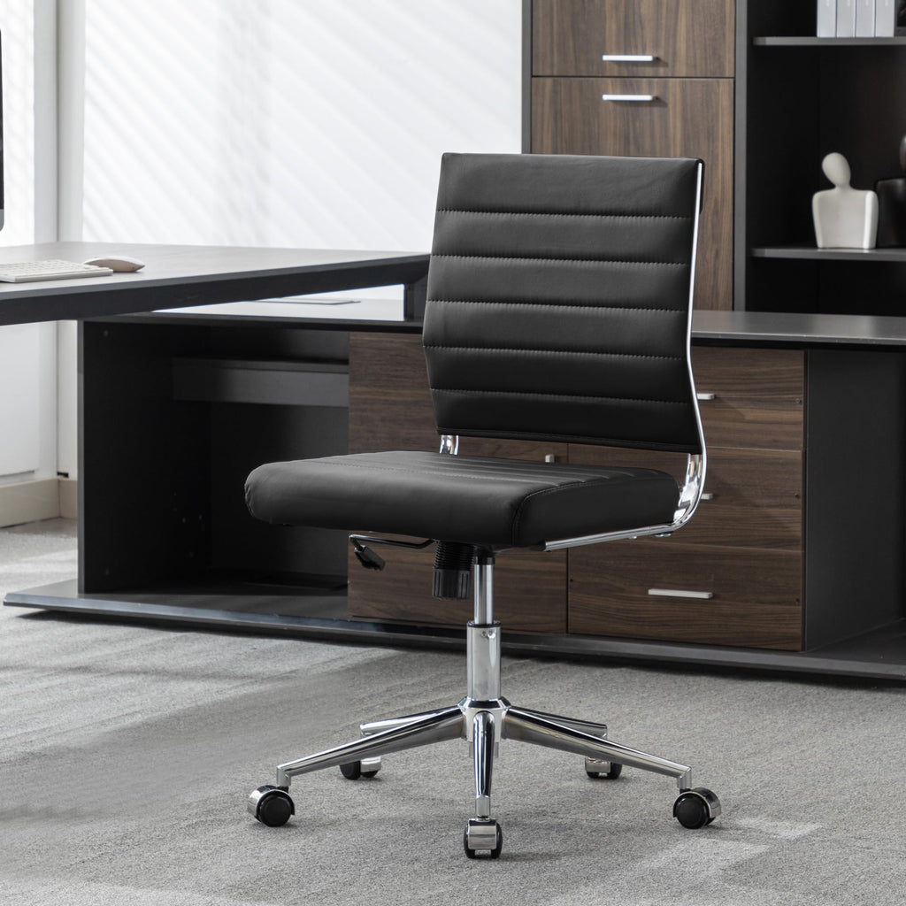 Armless Office Desk Chair, Mid Back Leather Conference Room Chairs Without Armrests, Modern Office Chair Ribbed.