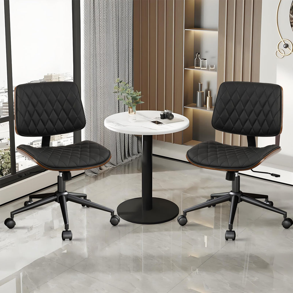 Home Office Desk Chair with Wheels, Adjustable Height Armless Office Chair, PU Leather Mid Back 360 Swivel Computer Chair, Modern Walnut Chair for Home, Meeting, Reading Room,Black(2 pk)
