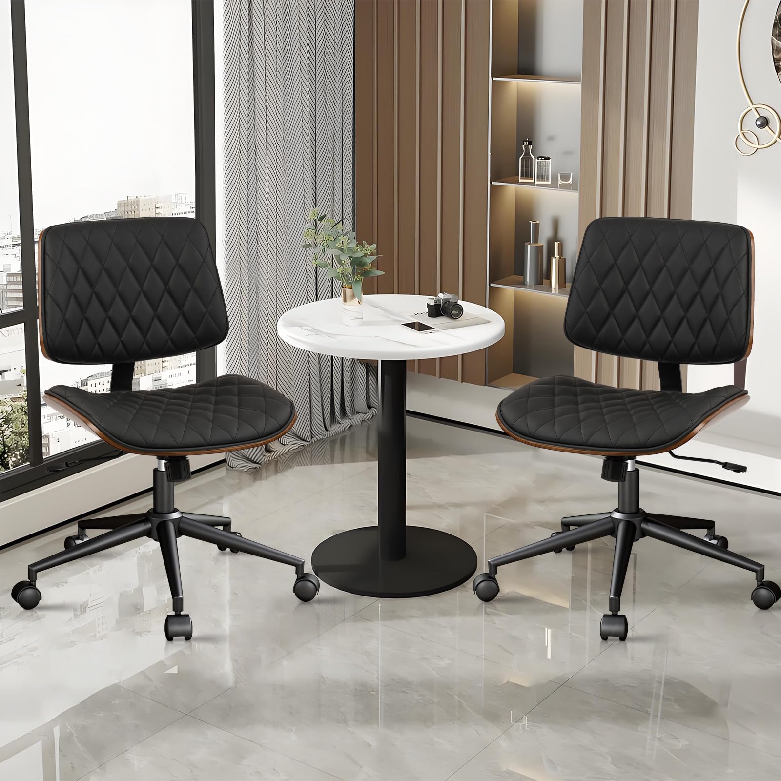 Home Office Desk Chair with Wheels, Adjustable Height Armless Office Chair, PU Leather Mid Back 360 Swivel Computer Chair, Modern Walnut Chair for Home, Meeting, Reading Room,Black(2 pk)