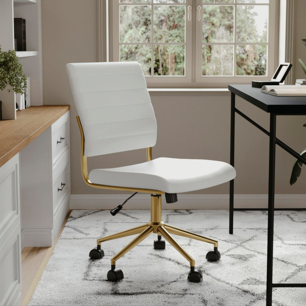 Armless Swivel Task Chair for Home Office in White Faux Leather with Polished Brass Frame