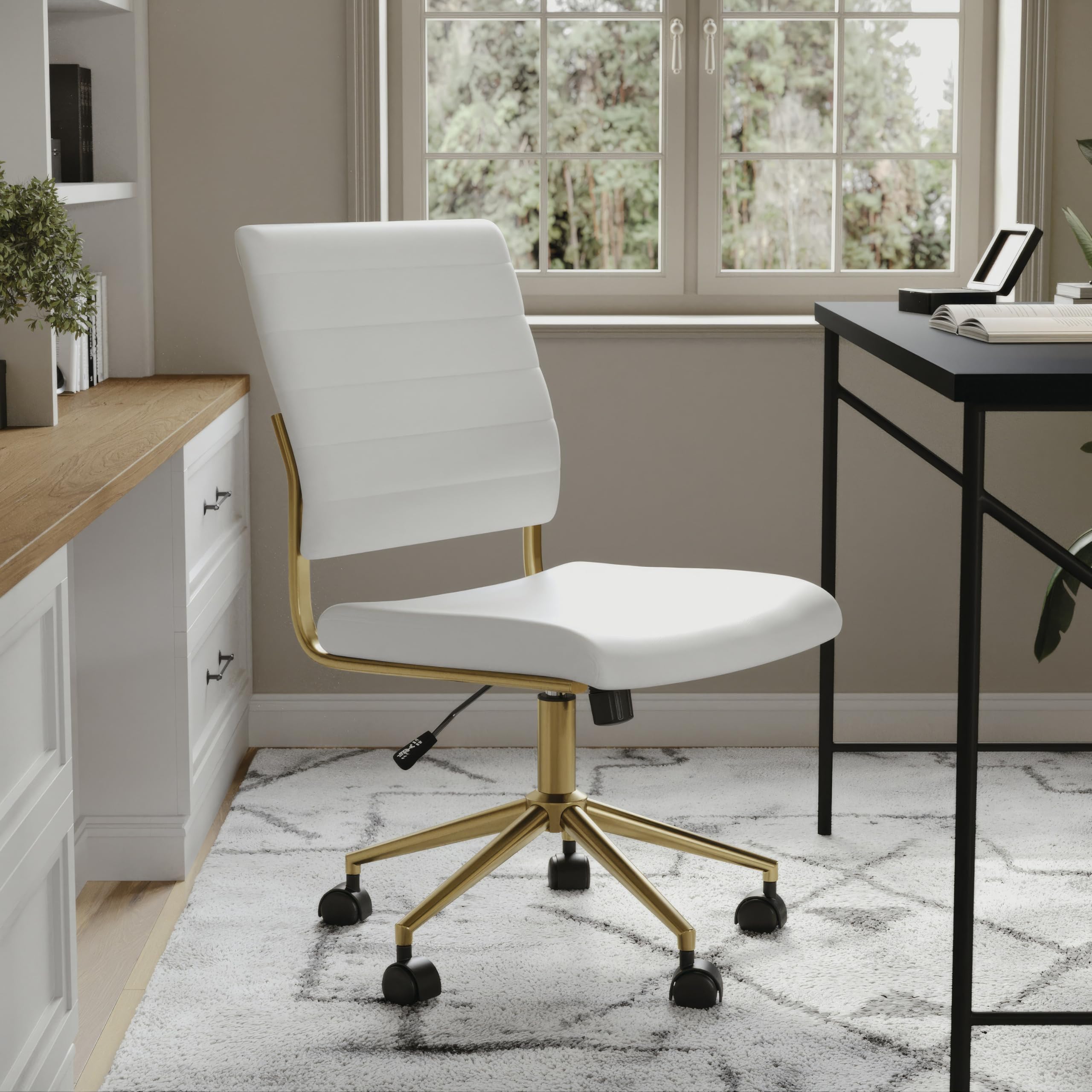 Armless Swivel Task Chair for Home Office in White Faux Leather with Polished Brass Frame
