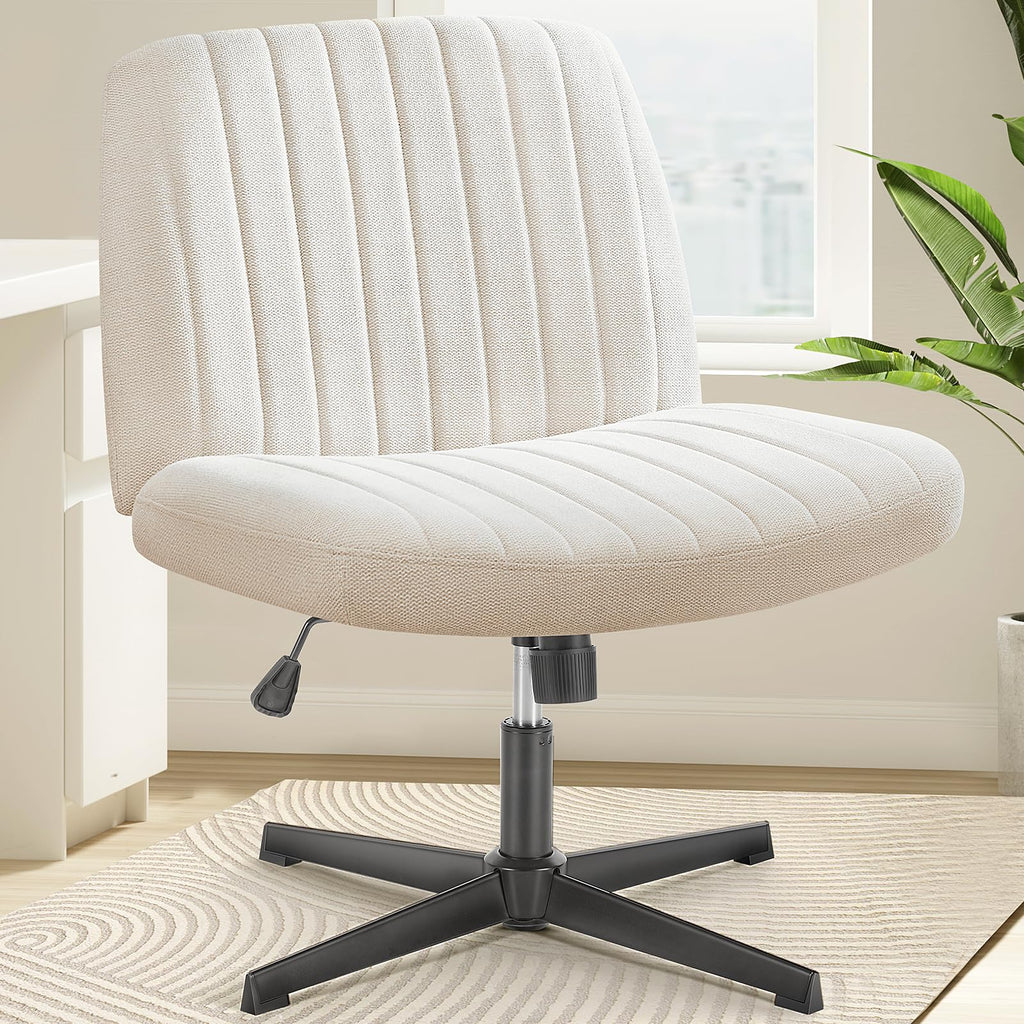 Criss Cross Legged Chairs Armless No Wheels Wide Seat Height Adjustable Swivel Padded Fabric Home Office Desk Chair for Bedroom, Student, Study Room,Beige