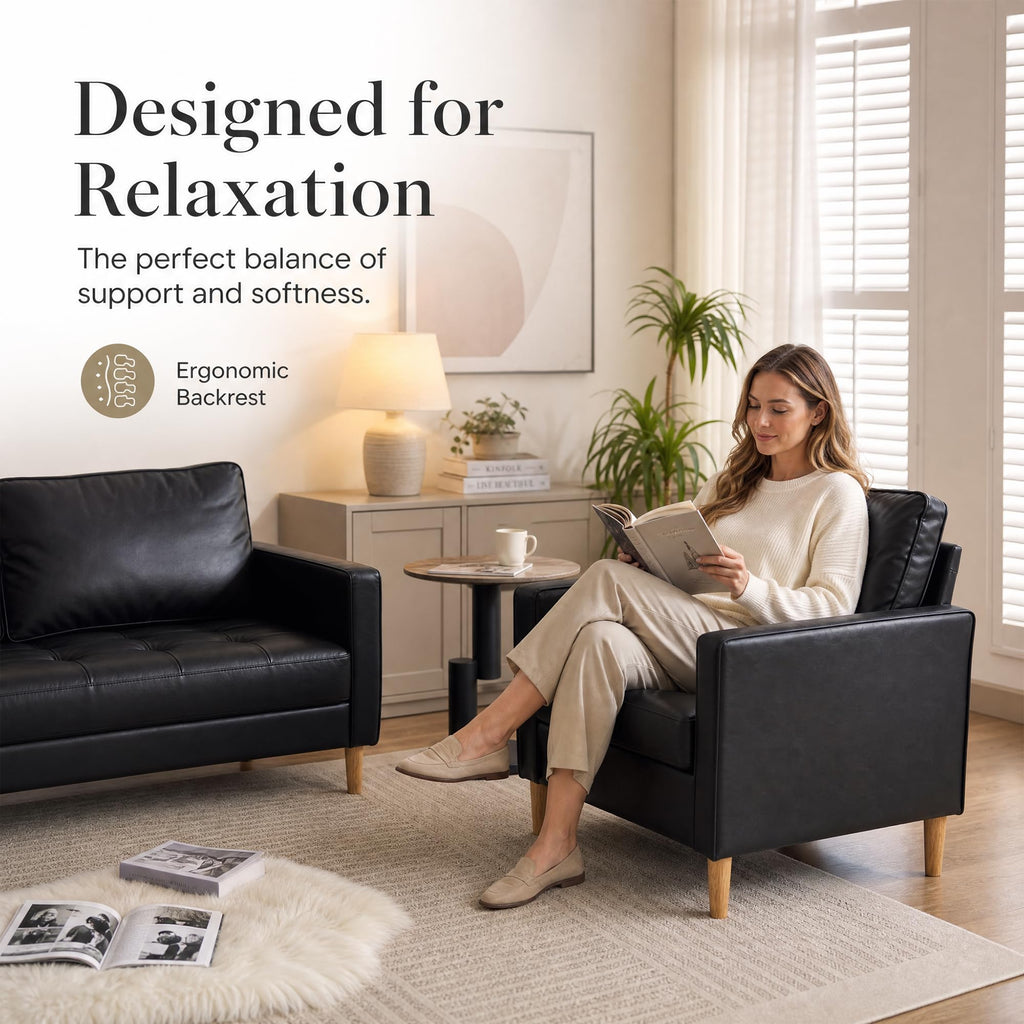 Mid-Century Sectional Sofa Set for Living Room Faux Leather Office 2 Pcs Couch Set with Armrest Modern Upholstered Loveseat Couches (1-Seater+2-Seater, Black)