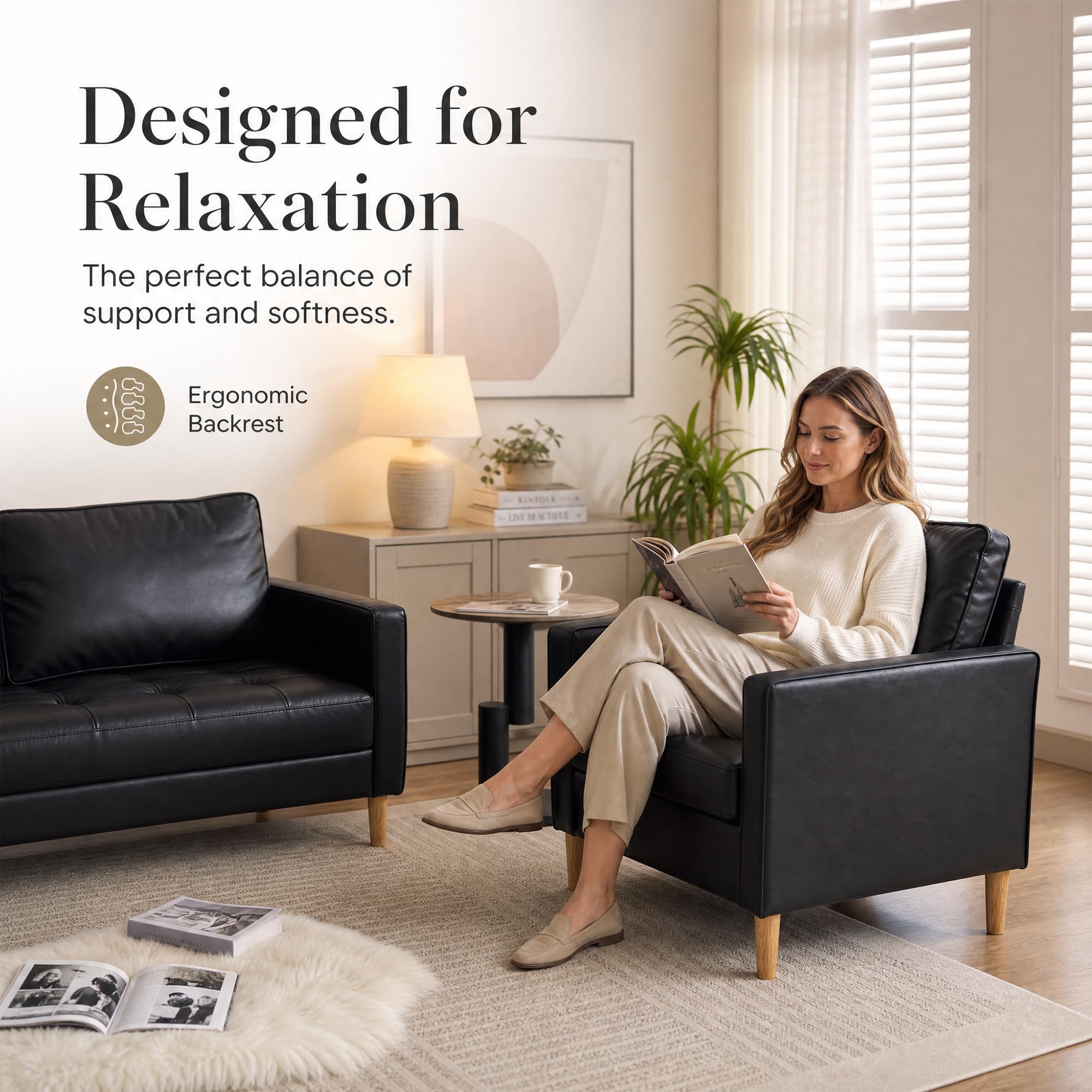 Mid-Century Sectional Sofa Set for Living Room Faux Leather Office 2 Pcs Couch Set with Armrest Modern Upholstered Loveseat Couches (1-Seater+2-Seater, Black)