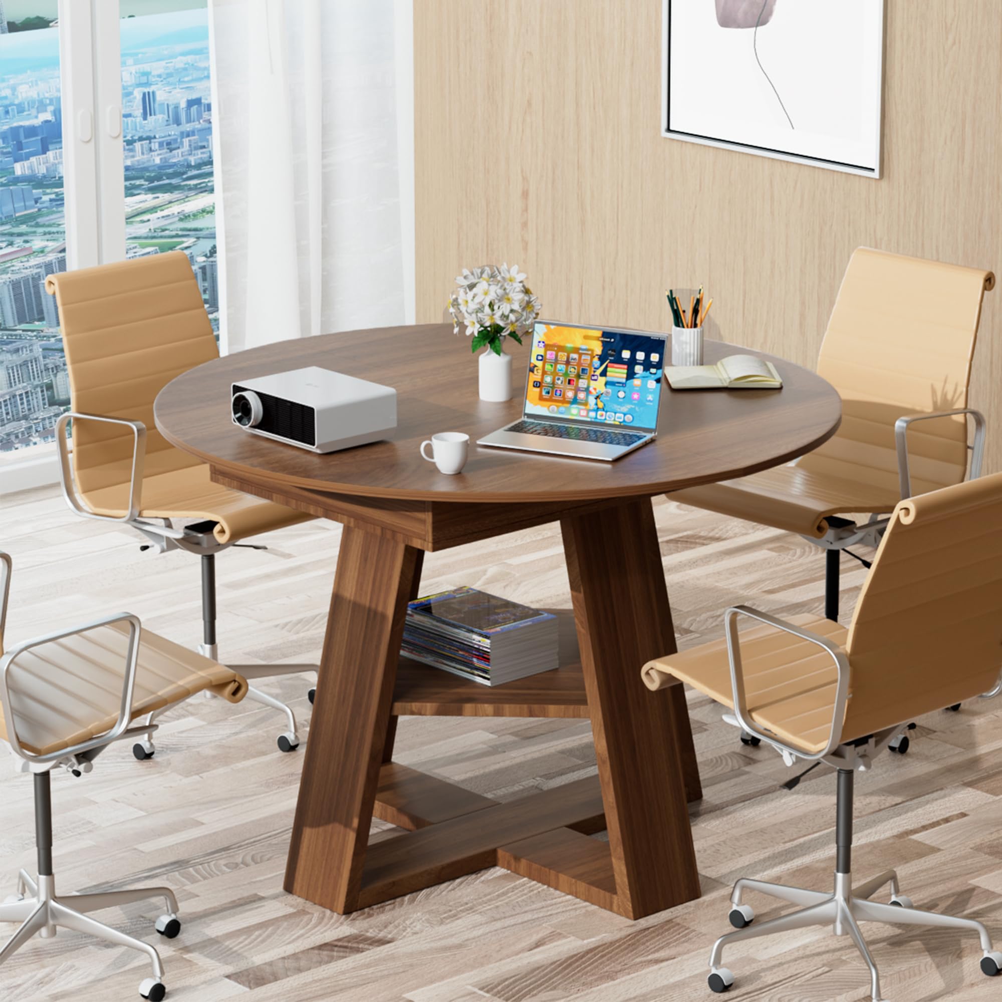 43.3in-59in Extendable Round Conference Table for 4-6 People,Wooden Oval Meeting Room Table with Removable Leaves,Space Saving,Office Table with Storage Shelf for for Office Conference Room