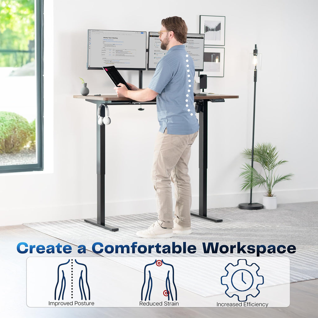 Electric 55 x 28 in Standing Desk, Memory Height Adjustment, 1B Series, Holds 220 lbs, One-Piece Rustic Vintage Brown Top, Black Frame