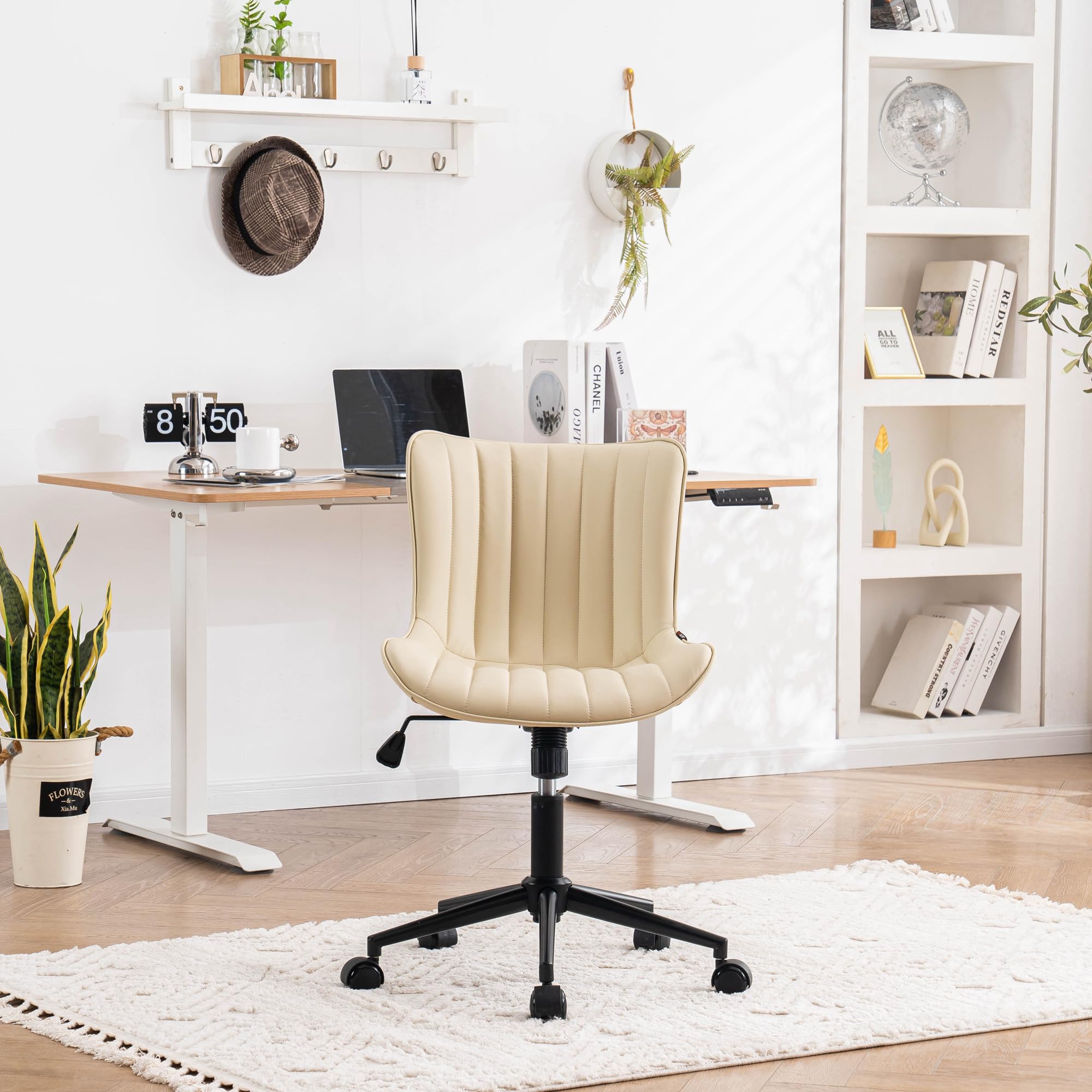 Ergonomic Home Office Desk Chair with Wheels Comfy Armless Vanity Chair with Adjustable Back Modern Leather Upholstered Swivel Computer Chair Small Rolling Task Chair  Beige