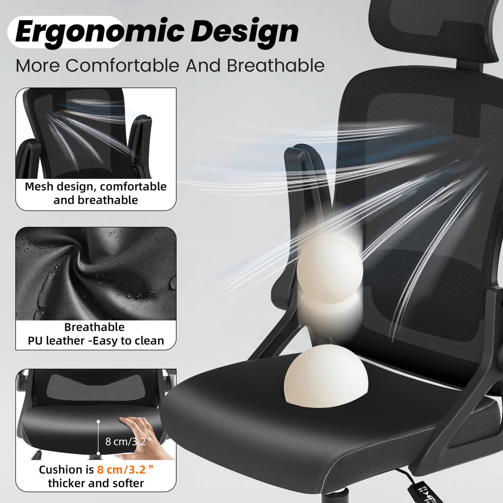 Office Chair, Ergonomic Office Chair with Adjustable Headrest Lumbar Support Computer Chair, Desk Chair Comfy with Flip-up Armrests, Gaming Chairs for Adults Home Office (Leather, Black)