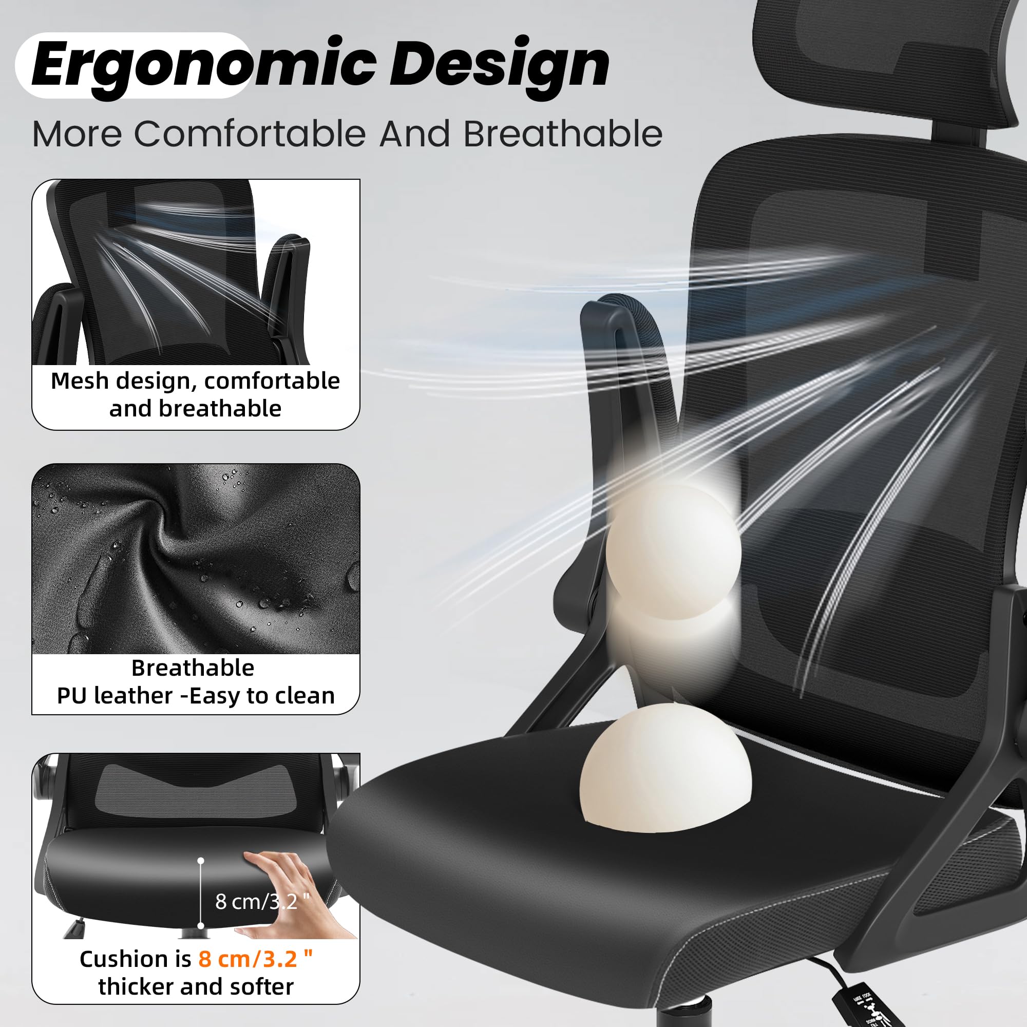 Office Chair, Ergonomic Office Chair with Adjustable Headrest Lumbar Support Computer Chair, Desk Chair Comfy with Flip-up Armrests, Gaming Chairs for Adults Home Office (Leather, Black)