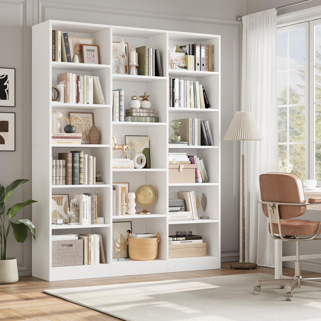 Triple Wide Bookshelf, Large Bookshelf with 17 Display Shelves
