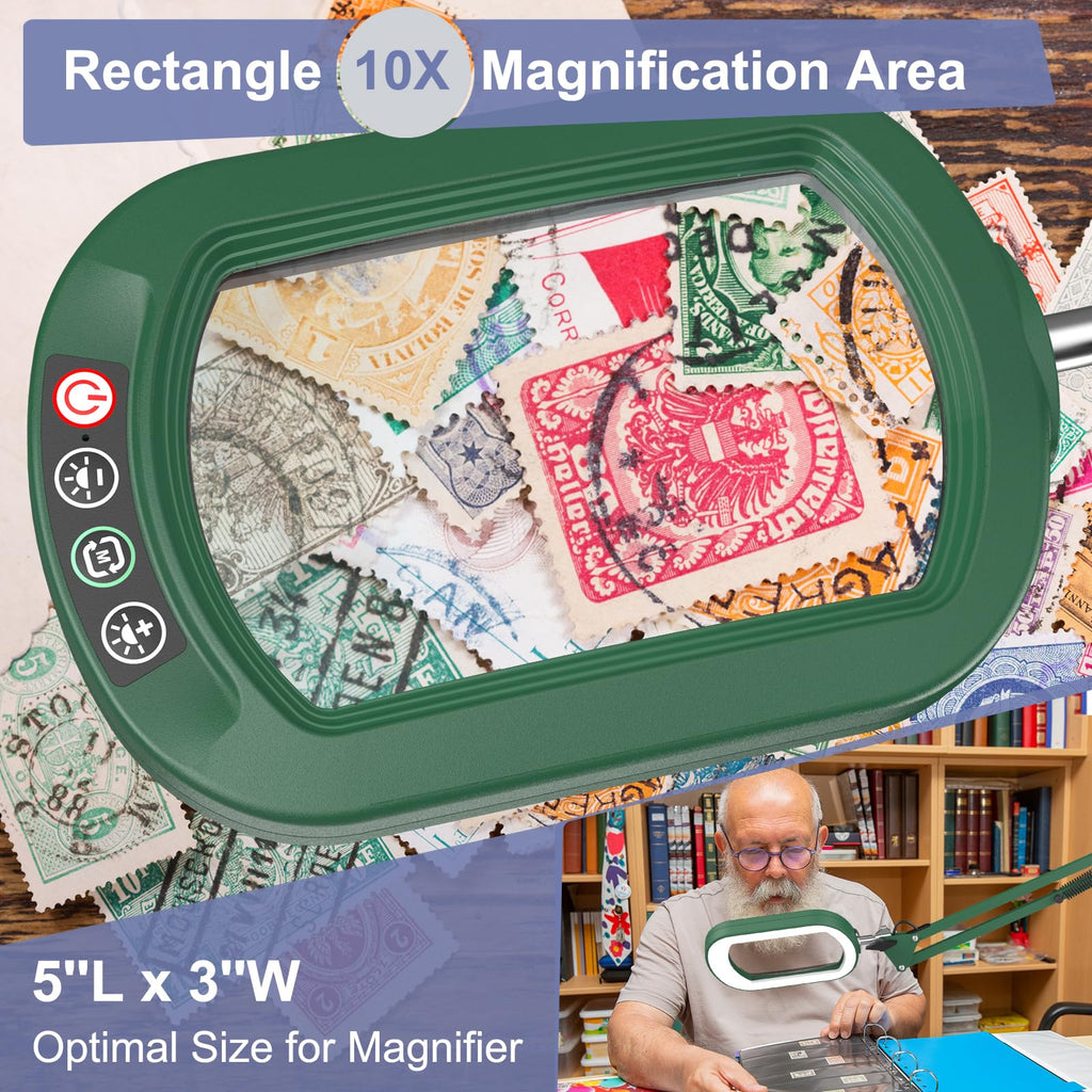 16" Extra Long Magnifying Glass with Light and Clamp, Real Glass, 5 Color Modes, Stepless Dimmable, Lighted Magnifier with Stand Hands Free, LED Swing Arm Desk Lamp for Close Work, Craft, Green