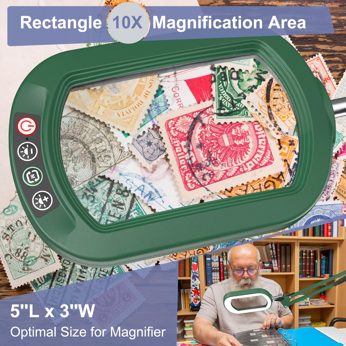 16" Extra Long Magnifying Glass with Light and Clamp, Real Glass, 5 Color Modes, Stepless Dimmable, Lighted Magnifier with Stand Hands Free, LED Swing Arm Desk Lamp for Close Work, Craft, Green