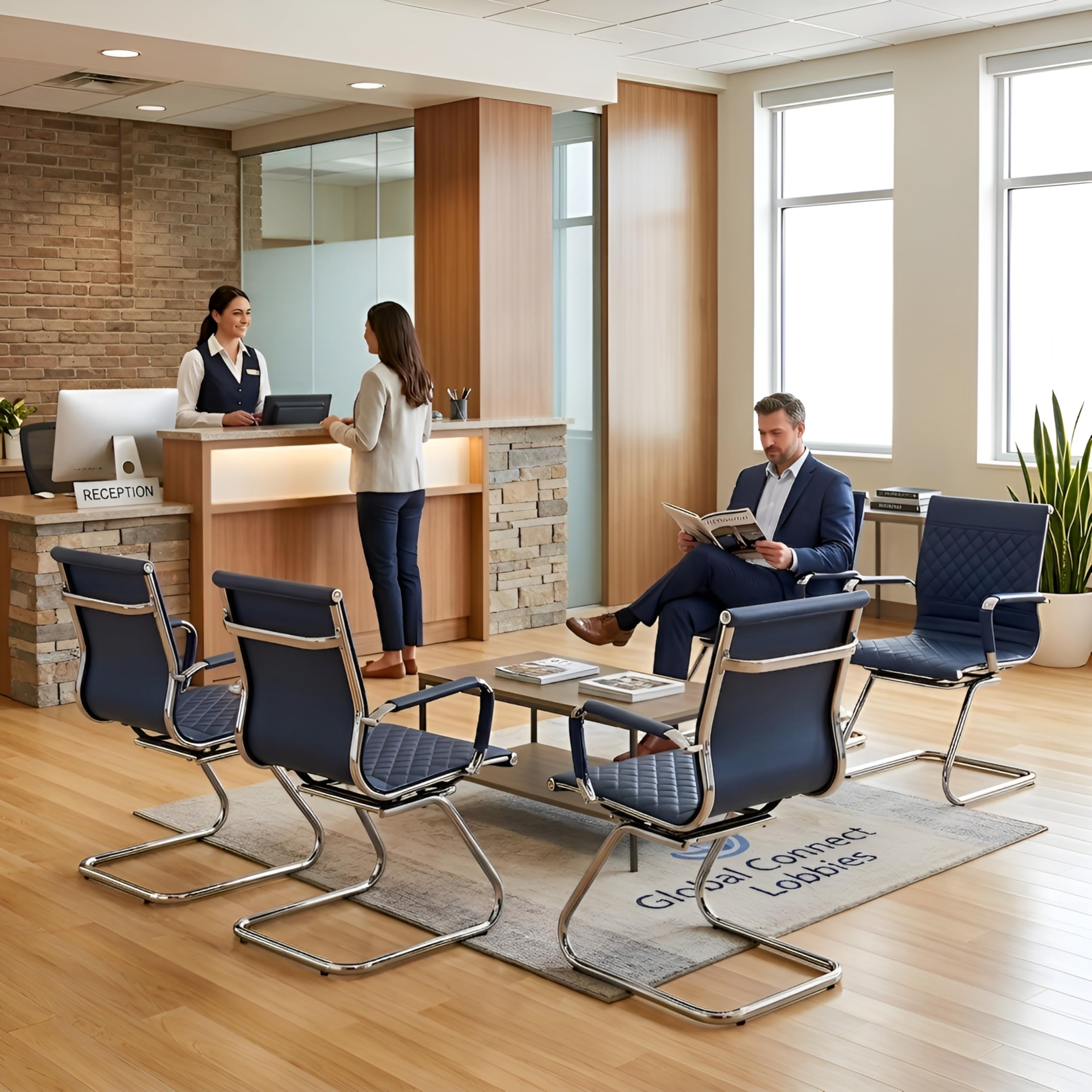 Office Desk Chair No Wheels Set of 8 - PU Leather Chairs with Arms - Conference Room Chairs 400LB Capacity Sled Base, Reception Chair for Home Office, Lobby, School Navy Blue