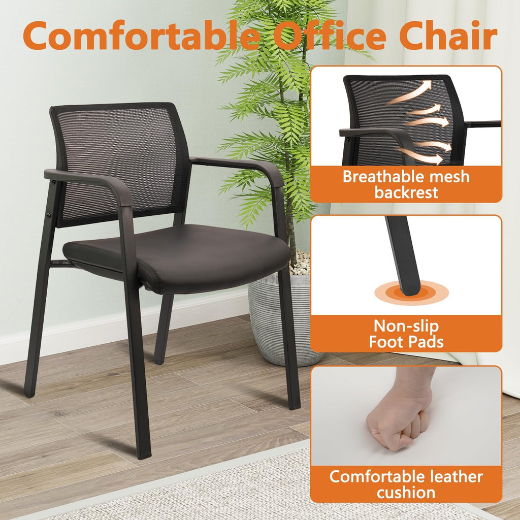 Set of 4, Stackable Office Chair, Mesh Back Guest Chairs with Comfortable Leather Seat Arms Stacking Ergonomic Desk Chair No Wheels for Conference Waiting Reception School Stationary, Black