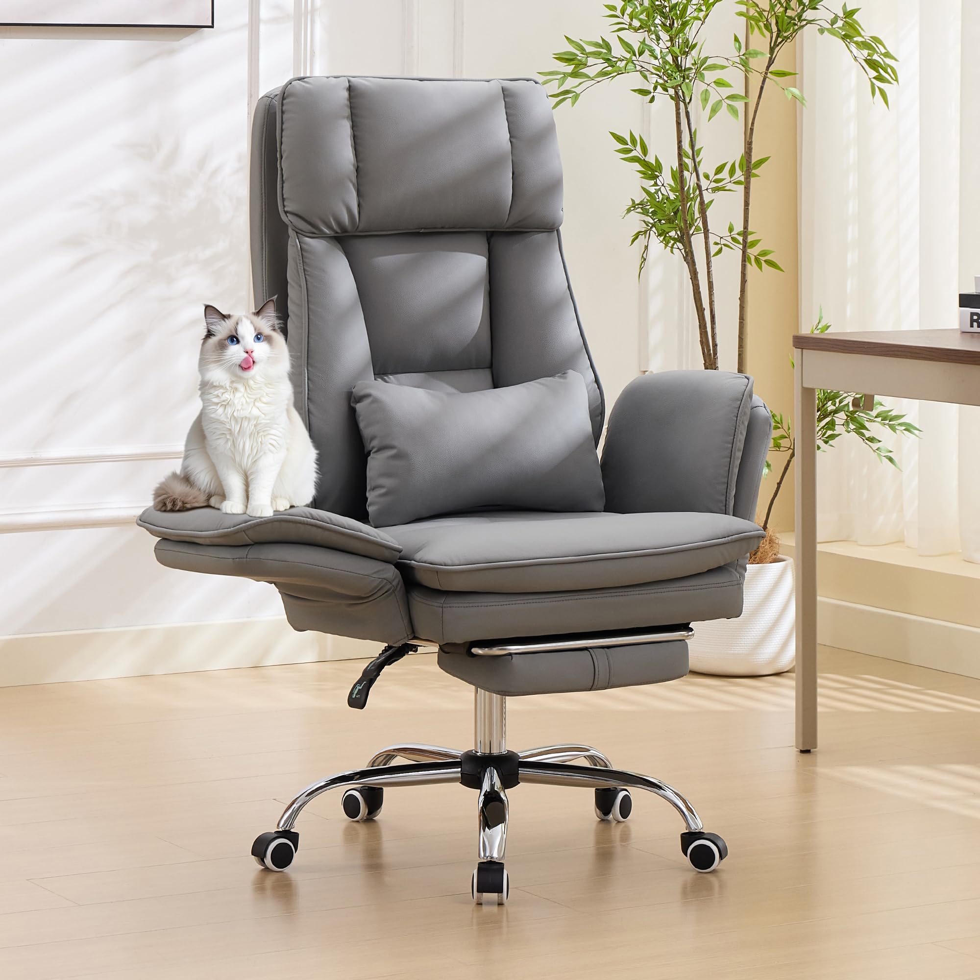 Criss Cross Office Desk Chair with Foot Rest and Flip Armrests for Pets Friendly & Extra Space, Comfortable Ergonomic Reclining Gaming Computer Chair with Lumbar Pillow(Faux Leather Grey)