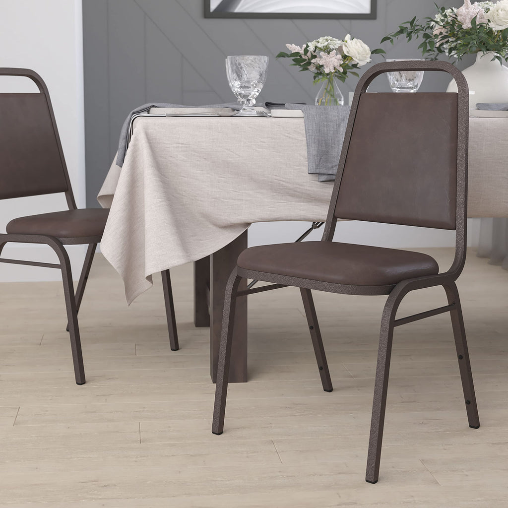 Trapezoidal Back Vinyl Stackable Banquet Chair, Multipurpose Stacking Chair with Padded Seat and Back, Brown/Copper