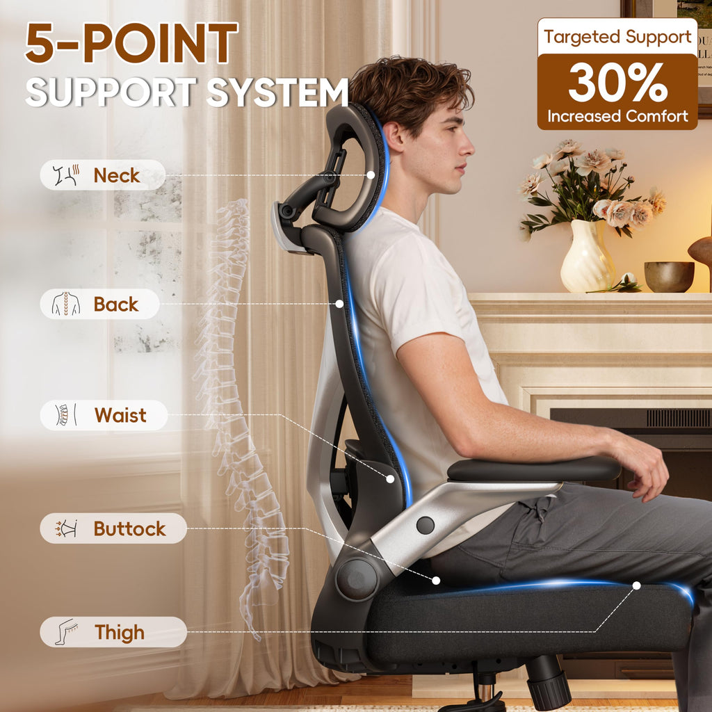 Ergonomic Office Chair, Big and Tall Mesh Chair with Adjustable Lumbar Support, 5D Arms & Wide Seat, 135° Recline Home Desk Computer Chairs for Work Gaming, Heavy Duty,400LBS - Black