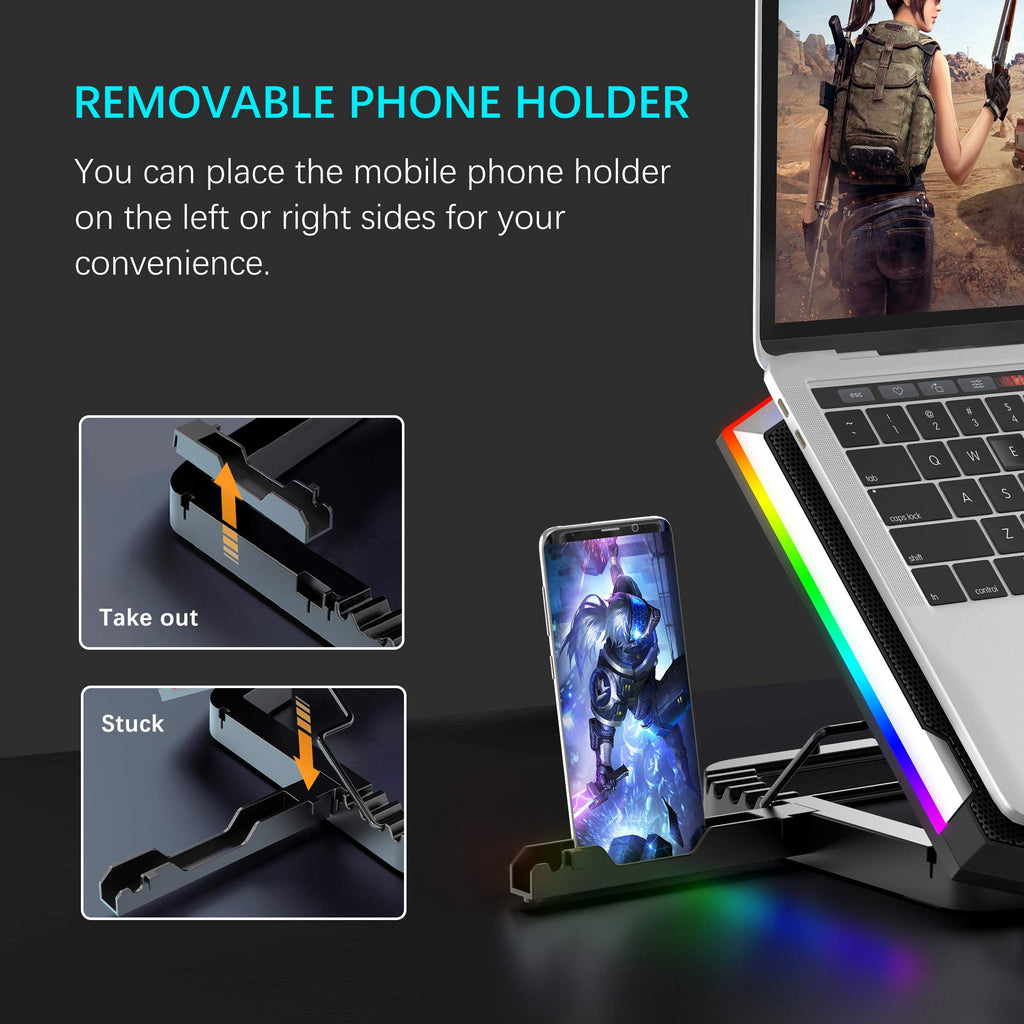 Laptop Cooling Pad RGB Notebook Cooler, Laptop Fan Stand Adjustable Height with 6 Quiet Fans and Phone Holder, Computer Chill Mat, for 15.6-17.3 Inch Laptops - Blue LED Light