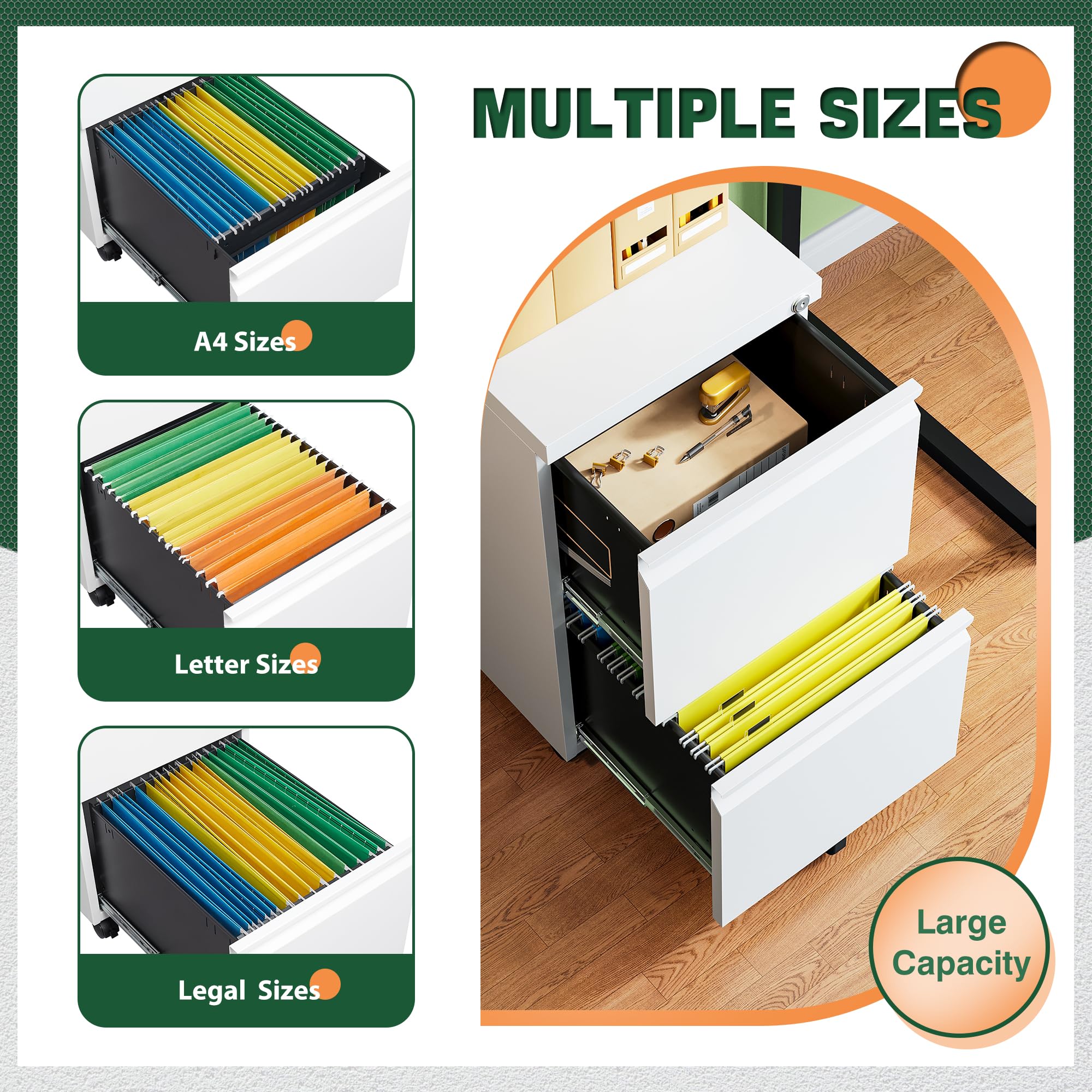 2 Drawer Mobile File Cabinet with Lock,Under Desk Metal Filing Cabinets for Home Office Organizer Letters/Legal/A4(Fully Assembled-White)