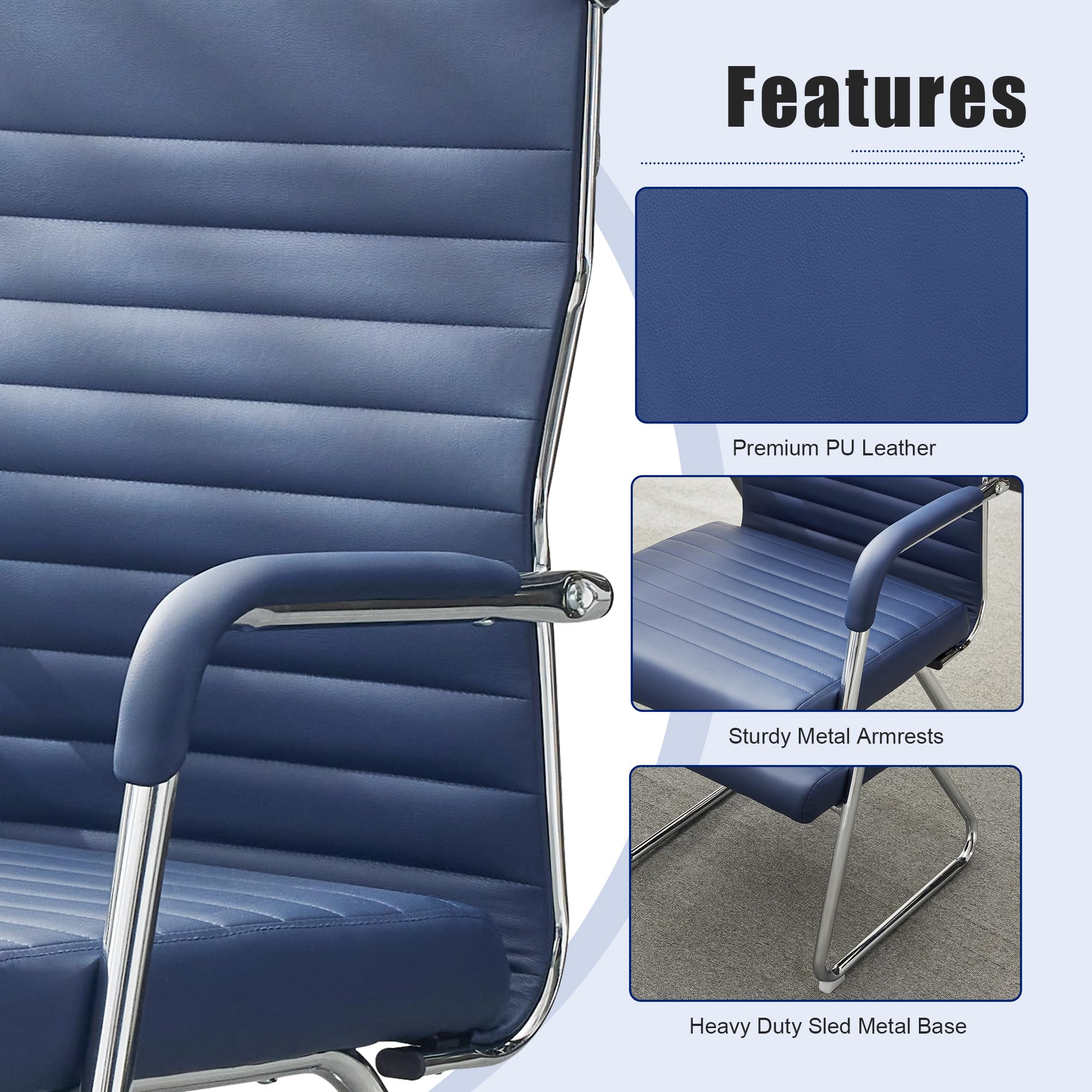 Office Chairs Set of 2, Modern Leather Reception Chairs with Mid Back & Sled Base, No-Wheel Desk Chairs for Waiting Room & Conference Room