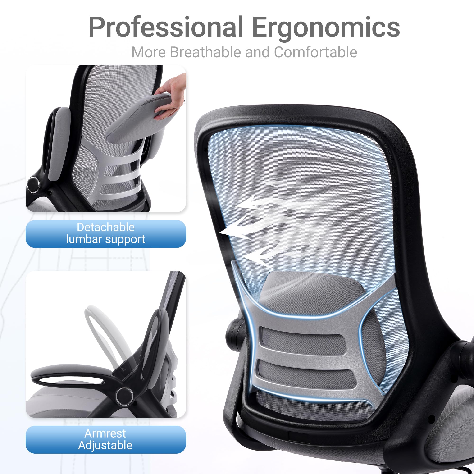 400lbs Heavy Duty Drafting Chair 5" Thickened Seat Office Chair with Flip-Up Armrests Tall Ergonomic Computer Chair with Lumbar Support and Adjustable Footrest Ring Standing Desk Chair(Grey)