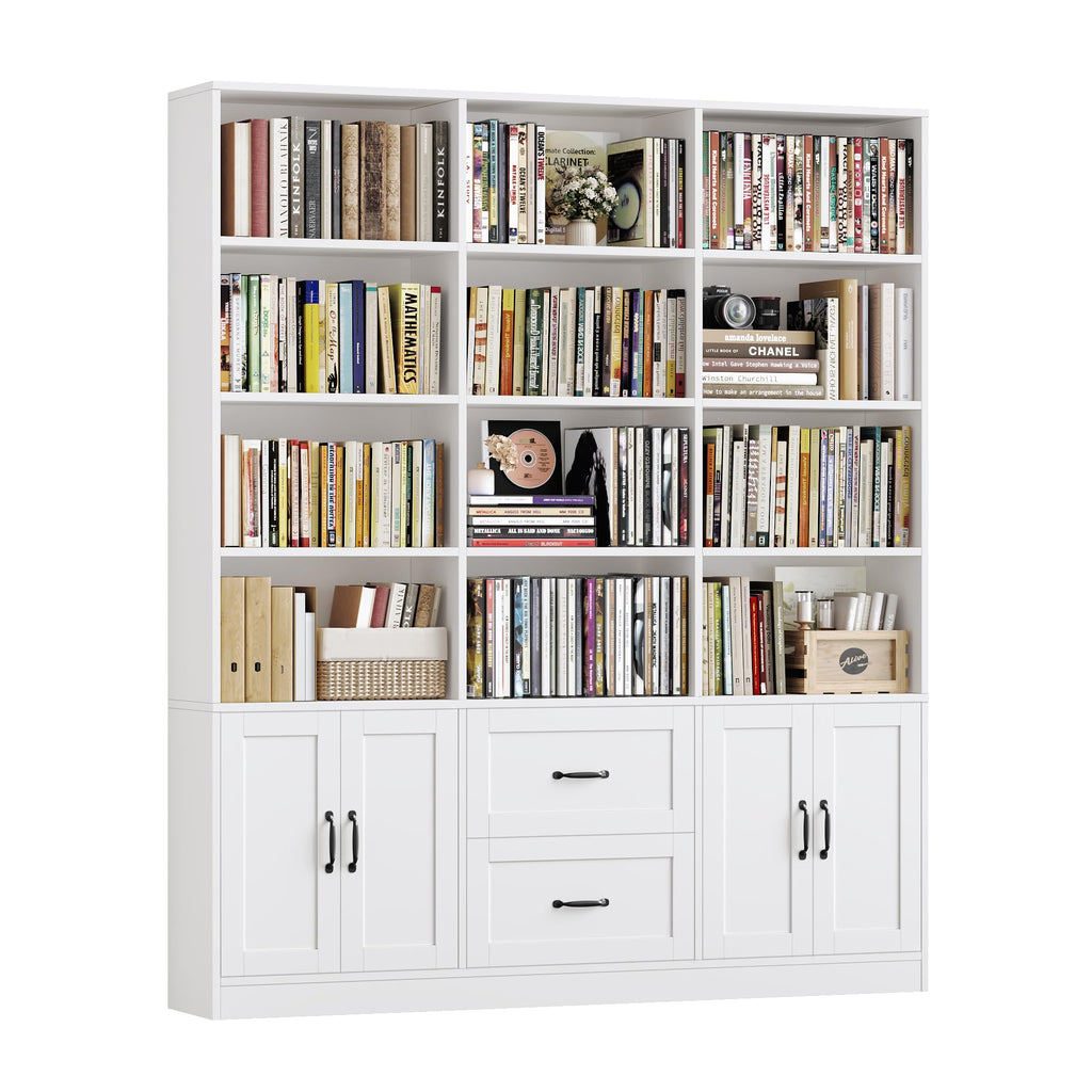 71" Tall Triple Wide Bookshelf with Storage Drawers & Doors, White