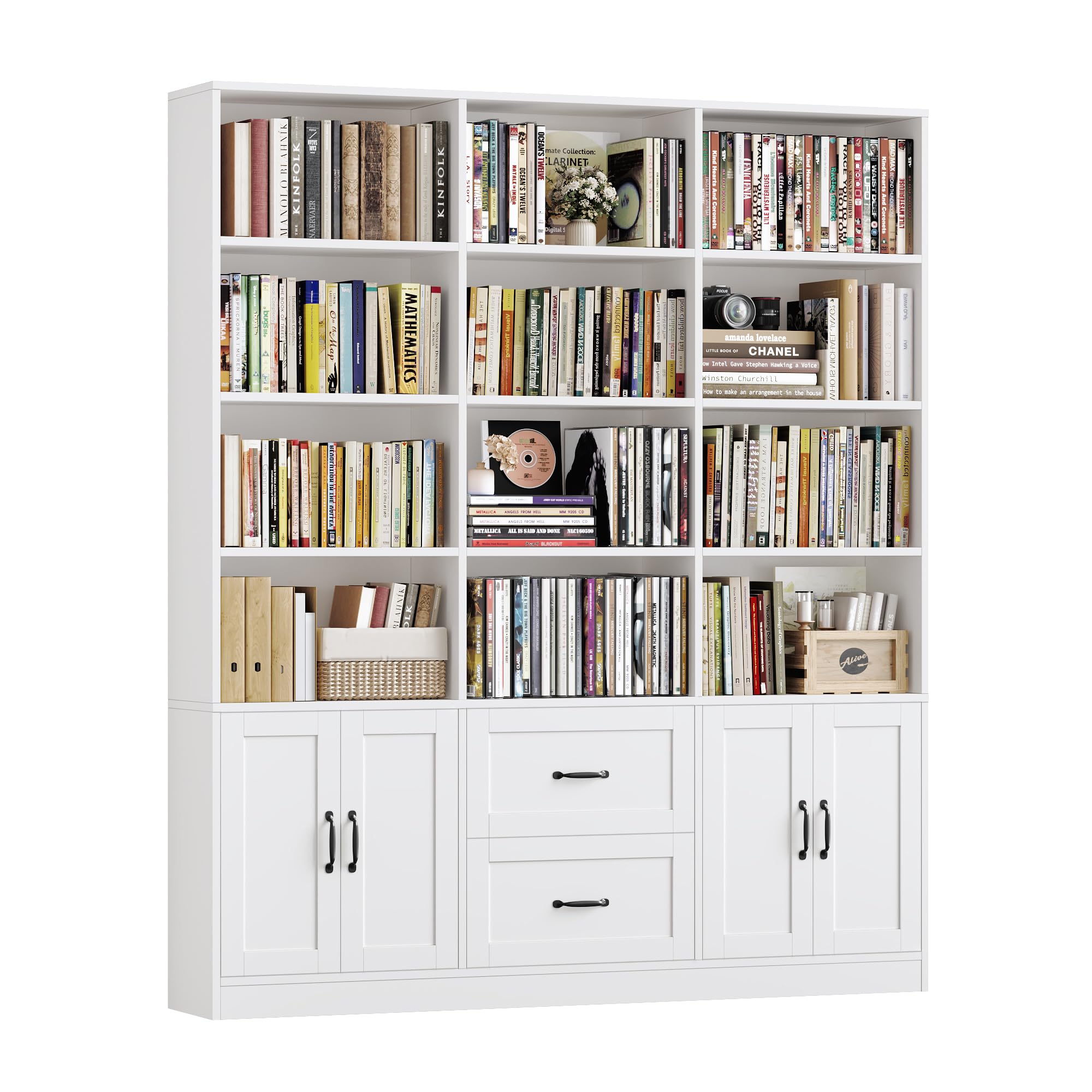 71" Tall Triple Wide Bookshelf with Storage Drawers & Doors, White