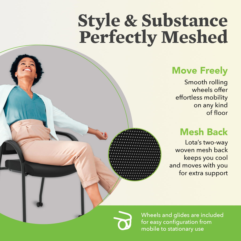 Mesh Office Chair with Arms and Casters, Guest and Conference Desk Chair for Reception Areas, Waiting Rooms, and Offices, Fabric Seat, Stackable Design, Black
