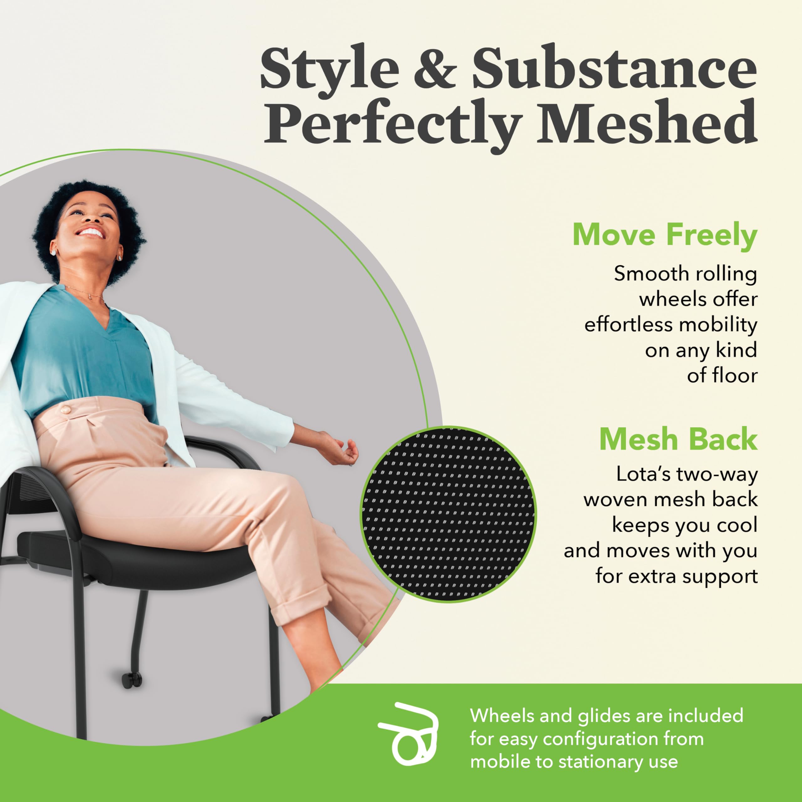 Mesh Office Chair with Arms and Casters, Guest and Conference Desk Chair for Reception Areas, Waiting Rooms, and Offices, Fabric Seat, Stackable Design, Black