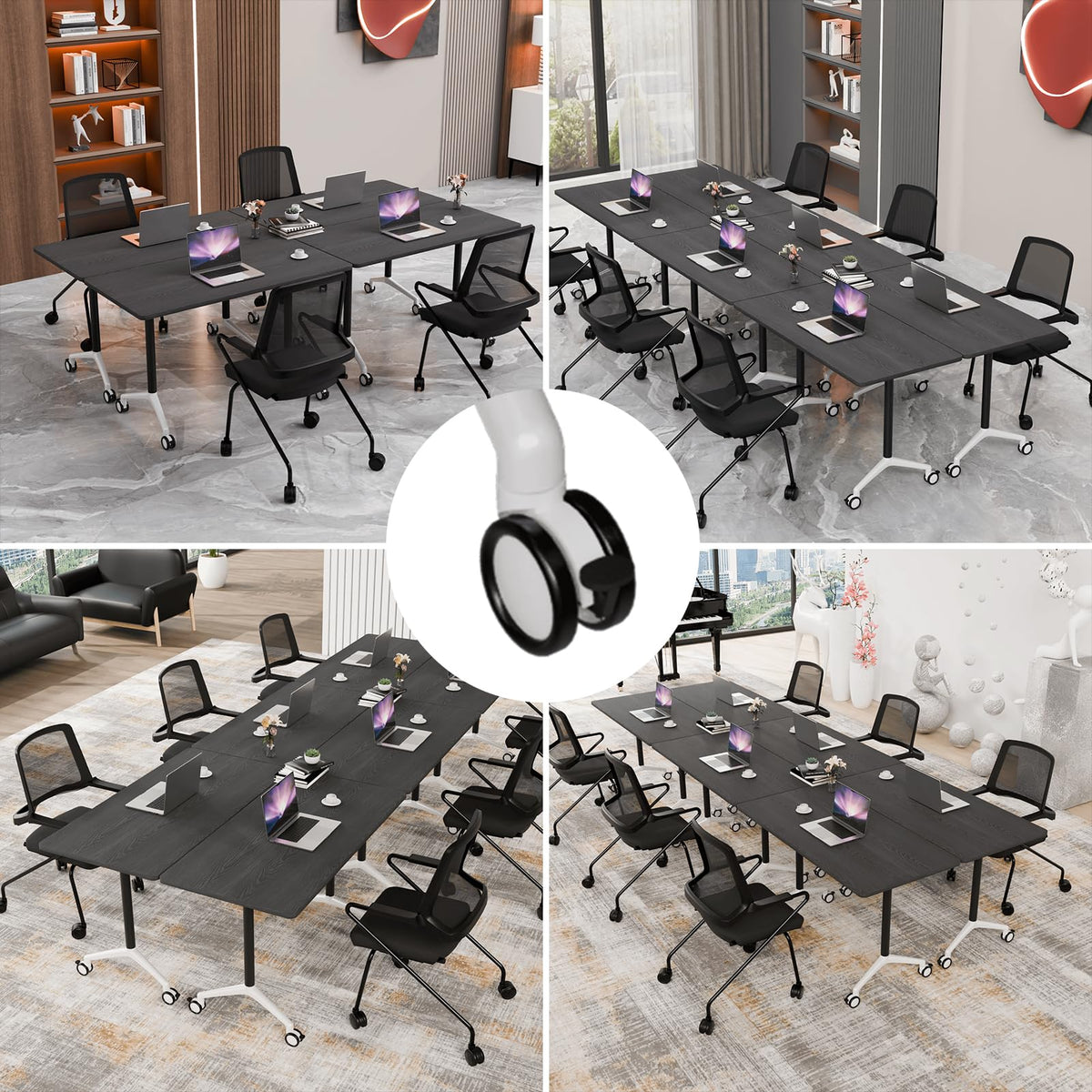 Conference Table, Folding Conference Room Tables, Modern Flip Top Seminar Training Meeting Table with Wheels, Modular Foldable Conference Tables for Home Office Classroom (Black 8 Pack,55.1inch)