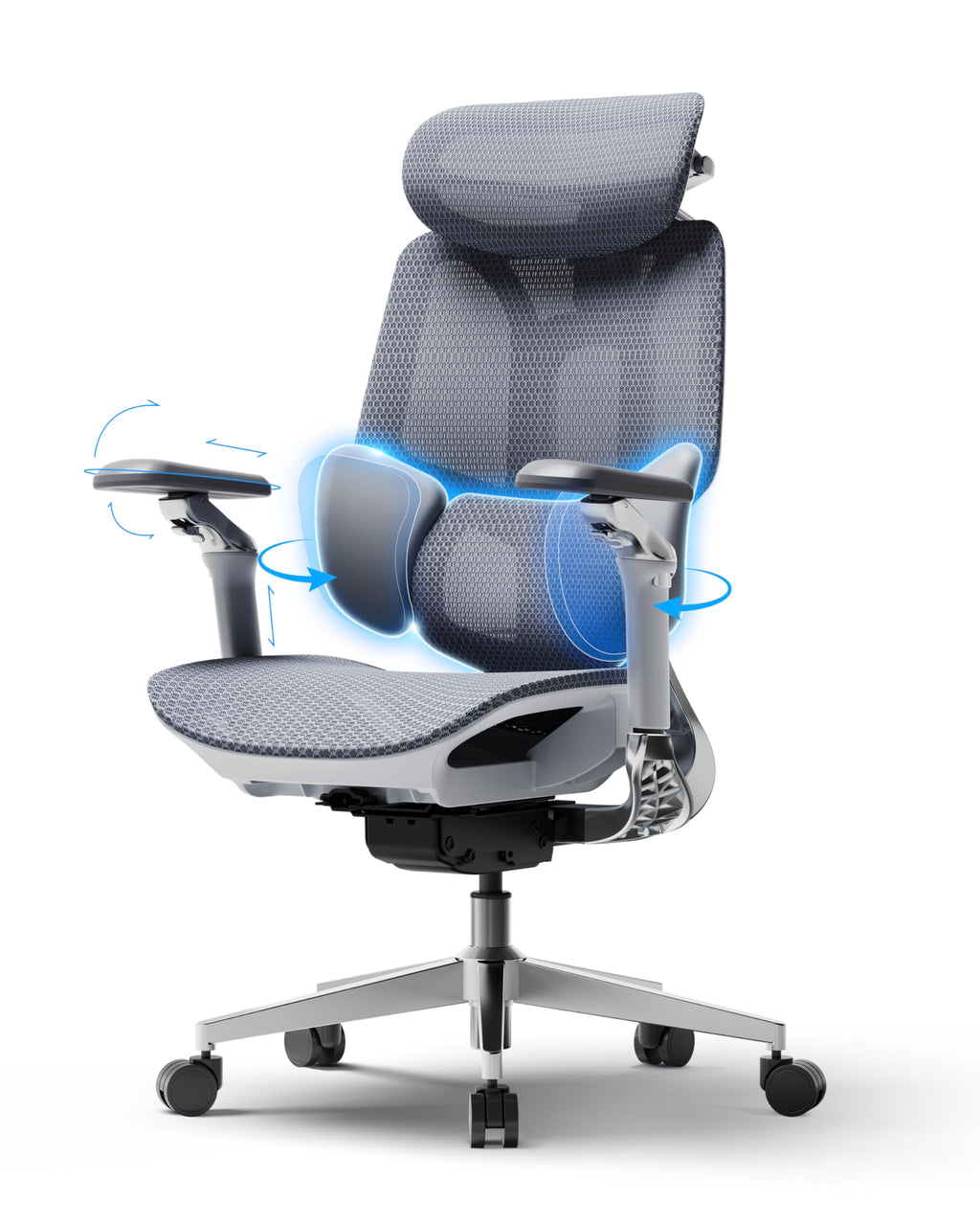 E3 Pro 2026 Edition Ergonomic Office Chair, Mesh Desk Chair with 3-Zone Floating Lumbar Support, Upgraded 4D Headrest, 720° Armrests, Grey