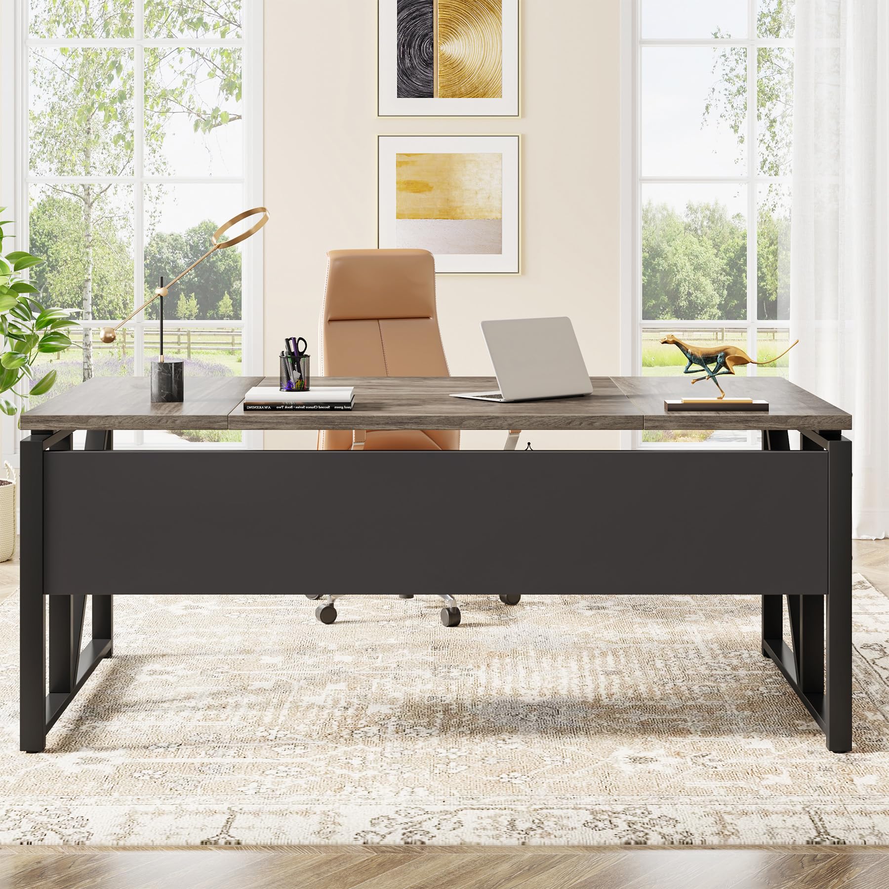 63" Executive Desk with Reversible File Cabinet, Large L-Shaped Office Desk with Drawers, Business Furniture Workstation for Home Office (Dark Oak, 63-inch)