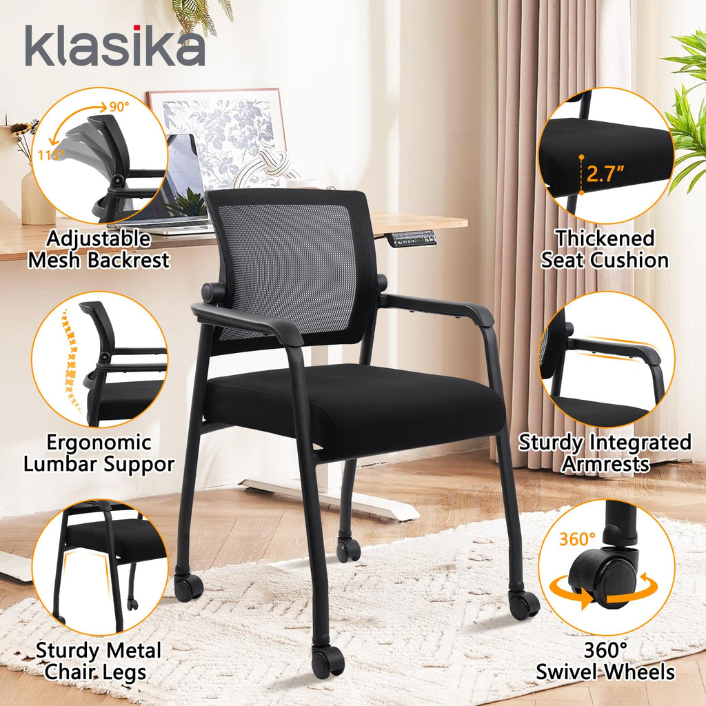 2 Pack Black, Waiting Room Chairs with Wheels, Adjustable Mesh Backrest, Desk Chair with Ergonomic Lumbar Support and Thickened Seats Cushion,