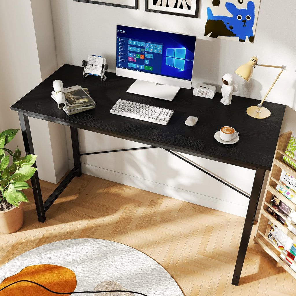 Computer Office Desk 48 Inch Student Study Writing Work with Metal Frame Wood Tabletop Modern Simple PC Home Bedroom Table - Basic Black, Compact Sturdy Desk for Laptop, Study, Gaming