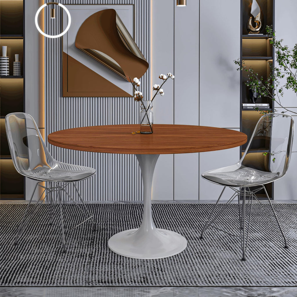 Verve Mid-Century Modern 48 Inch Round Dining Table, MDF Wood Tabletop with White Steel Pedestal Base, Large Pedestal Kitchen & Dining Room Table, Breakfast Nook Table (Cognac Brown)