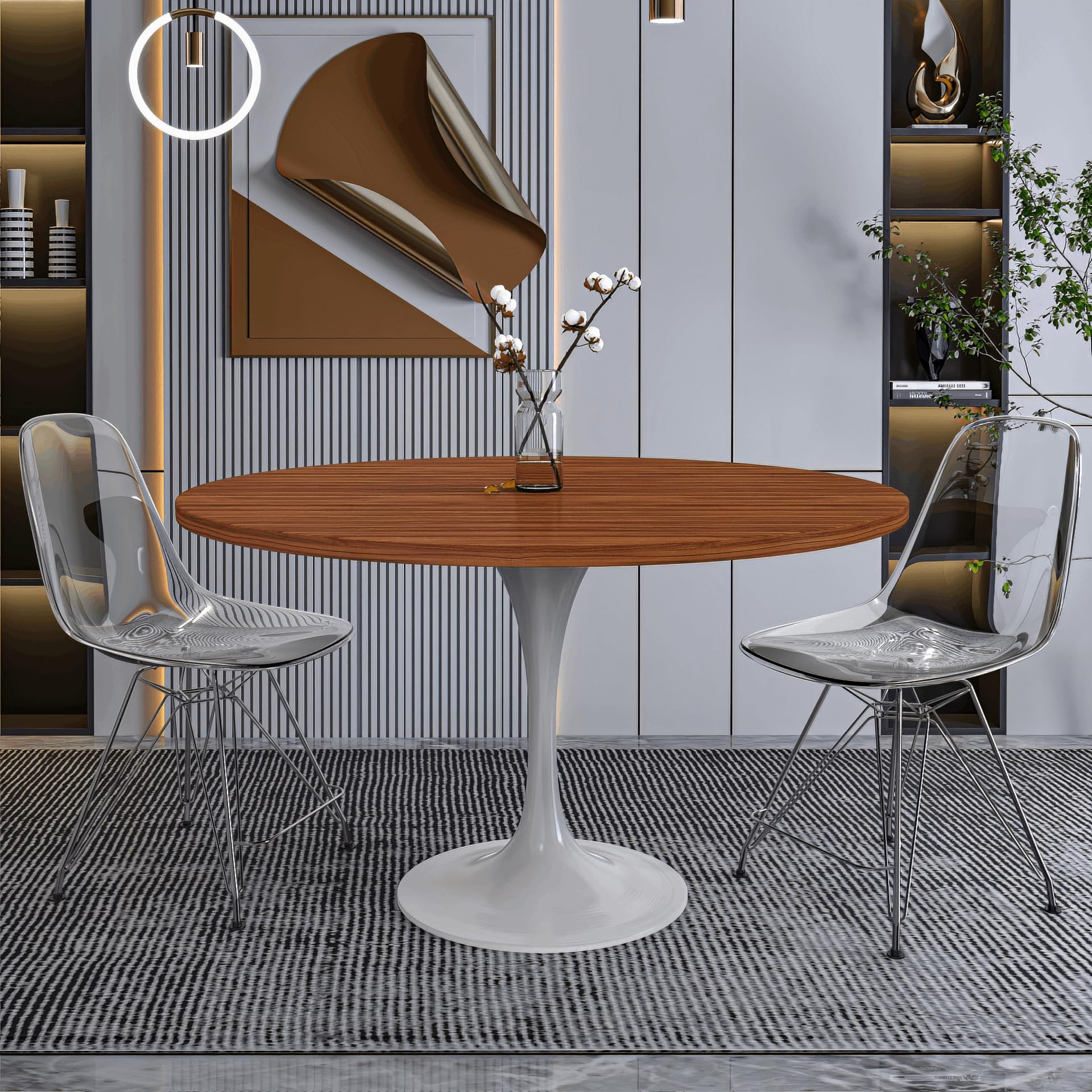 Verve Mid-Century Modern 48 Inch Round Dining Table, MDF Wood Tabletop with White Steel Pedestal Base, Large Pedestal Kitchen & Dining Room Table, Breakfast Nook Table (Cognac Brown)