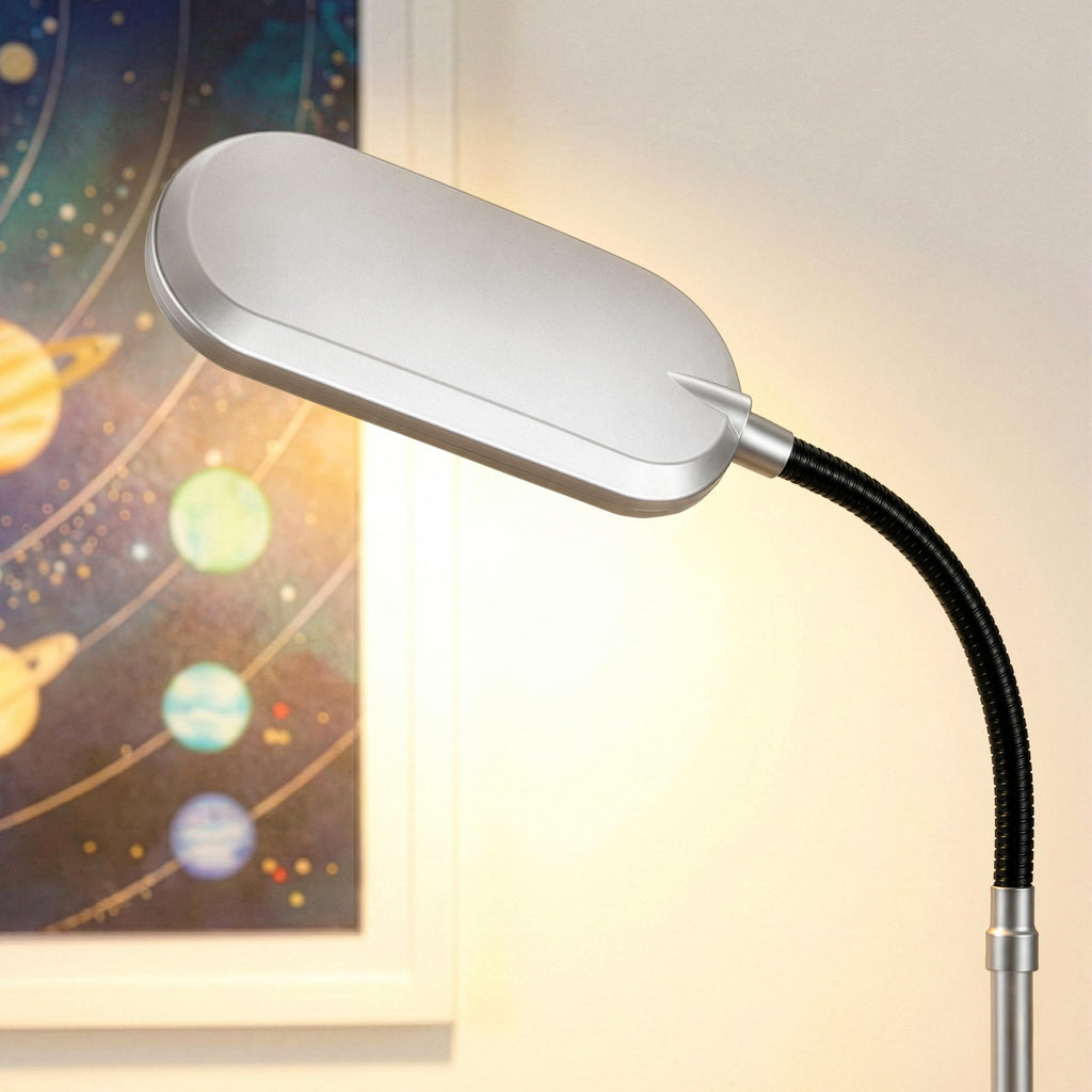 Litespan Slim LED Floor Reading Lamp with Adjustable Gooseneck for Living Rooms & Offices, Dimmable Standing Lamp for Bedroom - Silver