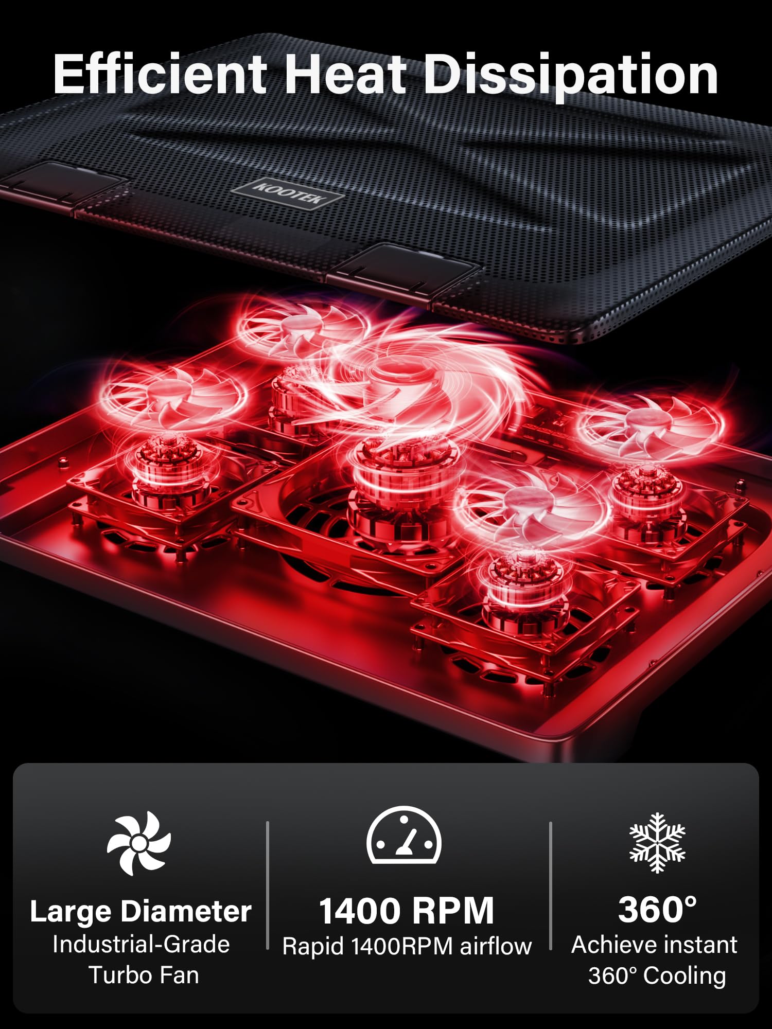 Laptop Cooling Pad, Laptop Cooler with 5 Quiet Fans for 12"-17" Computer PC Notebook Gaming Laptop Fan, Height Adjustable Laptop Cooling Stand Laptop Accessories, Red