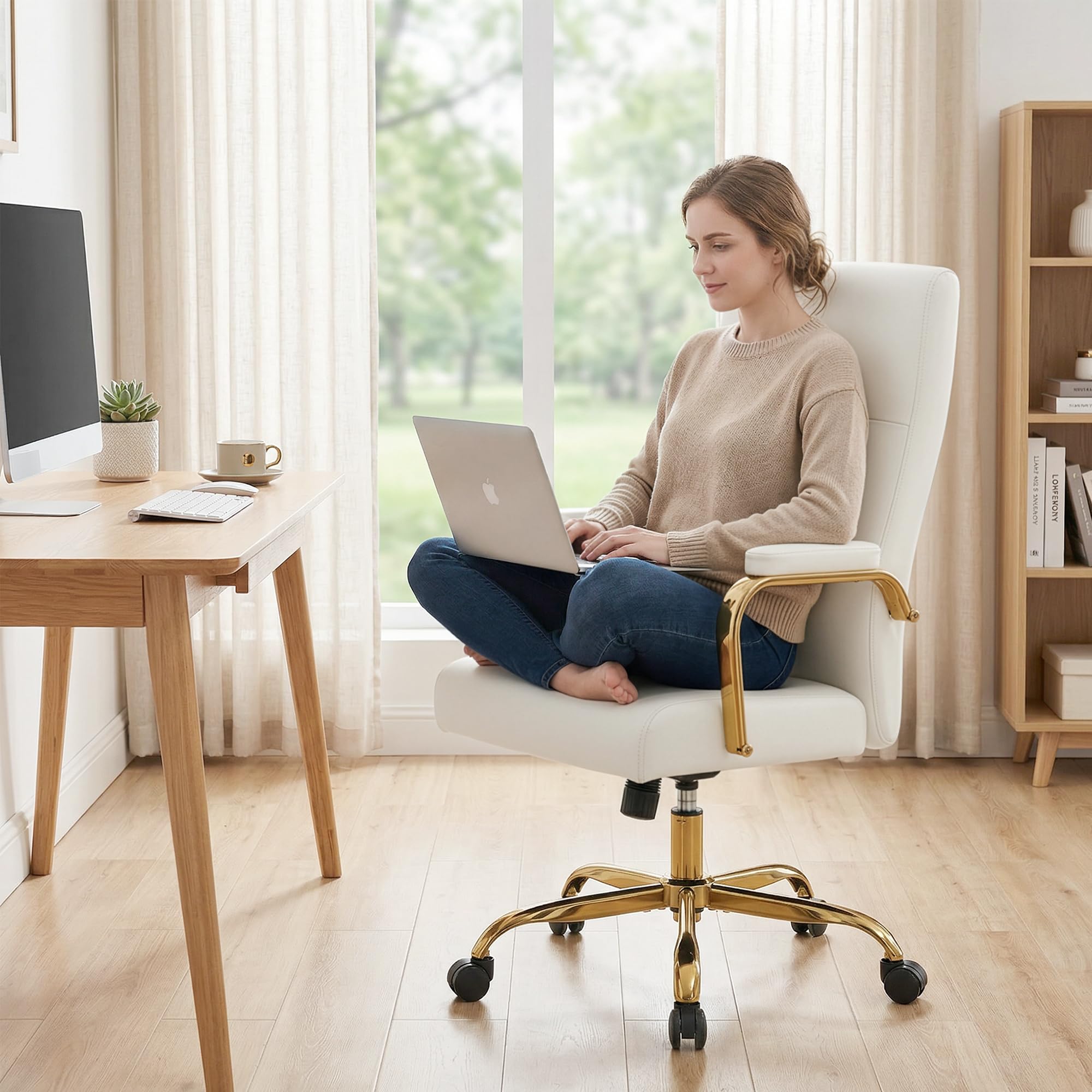 White and Gold Office Desk Chair,Leather Conference Room Chairs with Wheels,Modern High Back Executive Office Chair with Memory Foam,Ergonomic Swivel Computer Chair for Home Office