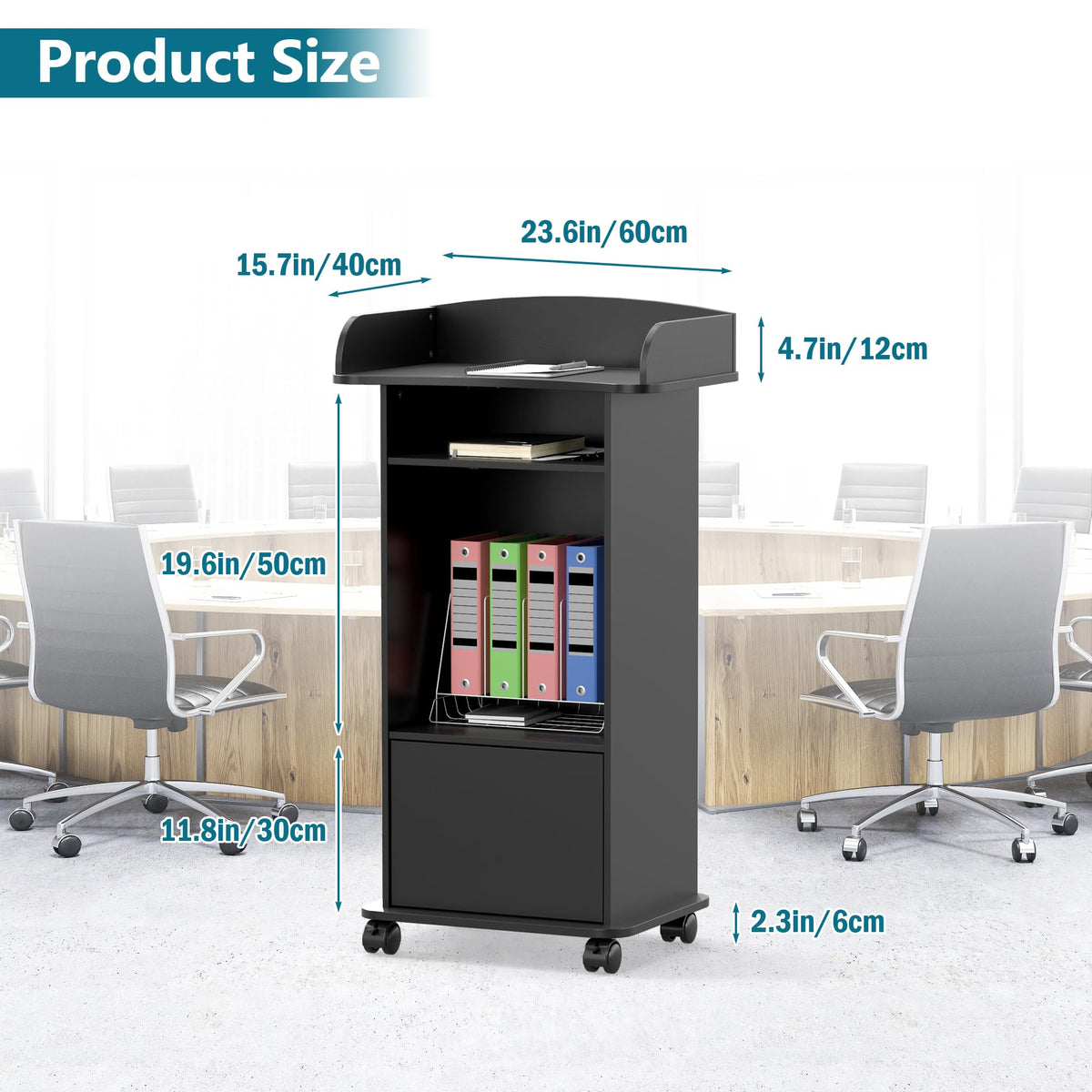 Podium Stand with Wheels Wooden Lectern Podium Stand Portable Pulpit Standing with Storage Mobile Reception Podiums Desk for Church Office School Conference Restaurant Meeting, Black