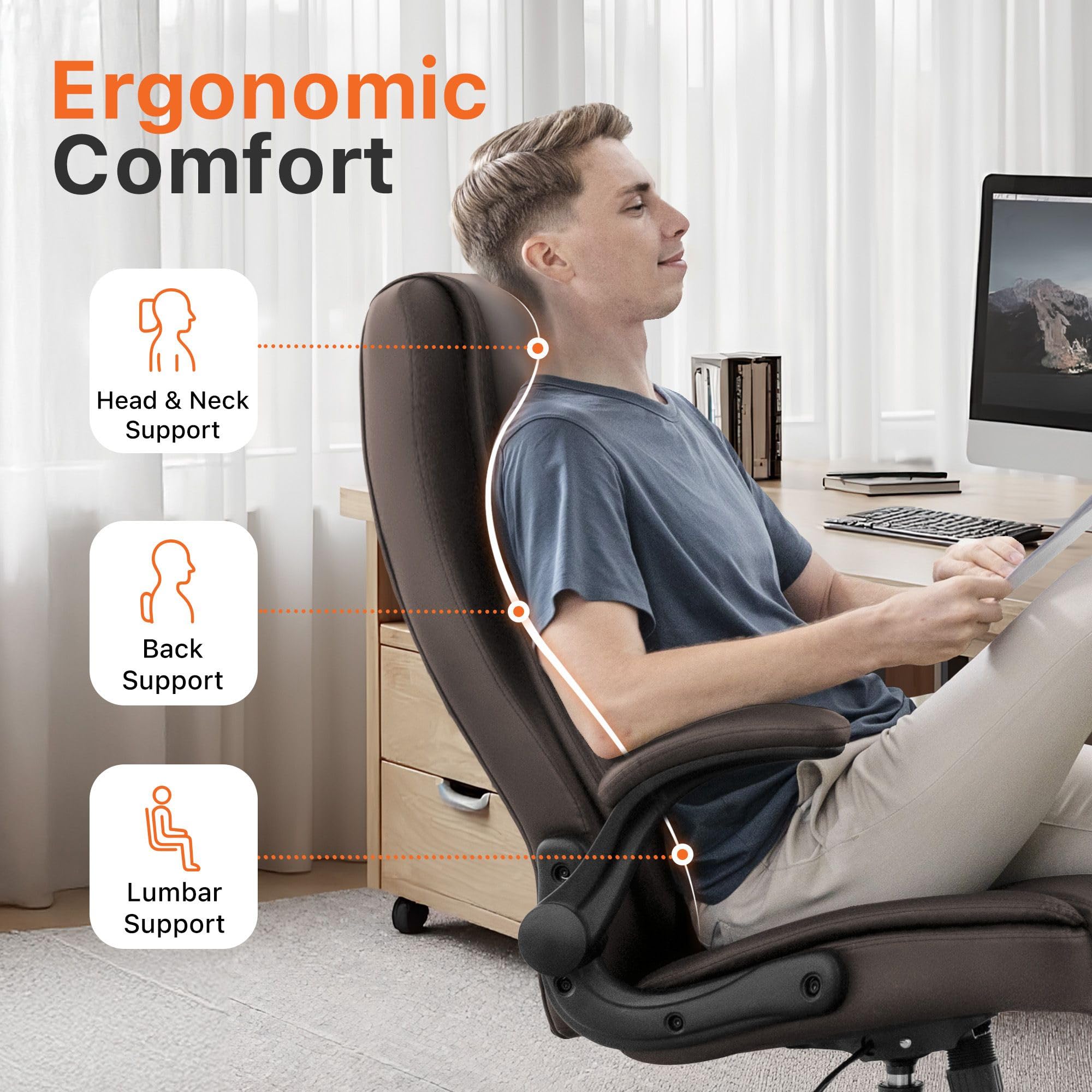 Office Desk Gaming Computer Home Chair Ergonomic Executive High Back Support Flip-up Arms Adjustable Height Swivel Rolling Wheels Comfy PU Leather (Brown)