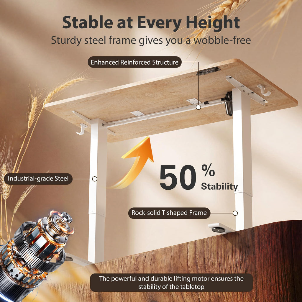 Standing Desk, 55x24 Inches Sit Stand Home Office Desk, Electric Stand up Desk, Adjustable Desk with Splice Board, White Frame/Maple Top