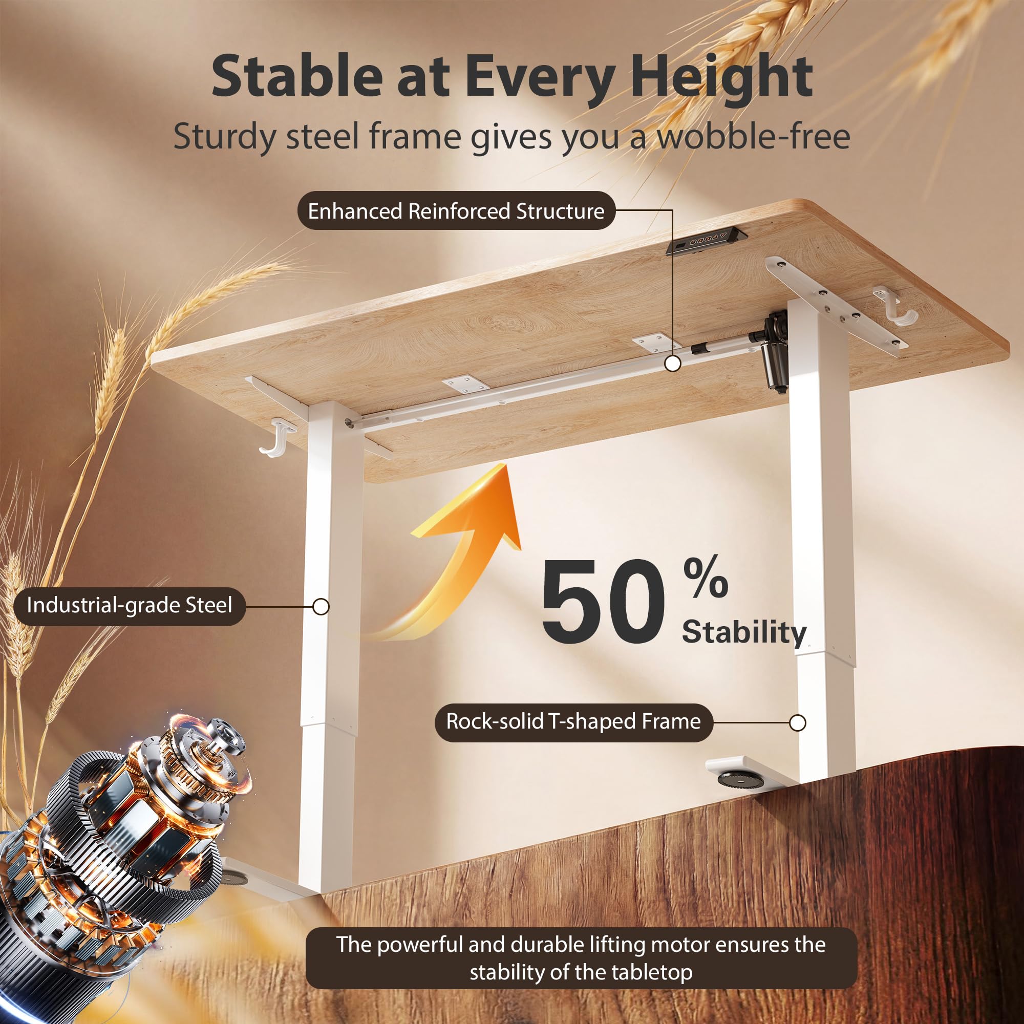 Standing Desk, 55x24 Inches Sit Stand Home Office Desk, Electric Stand up Desk, Adjustable Desk with Splice Board, White Frame/Maple Top