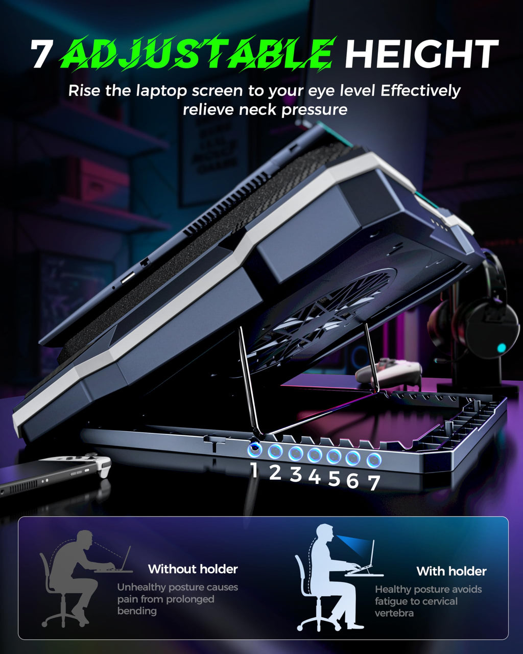 RGB Laptop Cooling Pad with 5.5" Turbo Fan, Rapid Cooling for 15.6-19.3" Laptops, Variable Speed Control, 7 Adjustable Heights - K1 5V RGB