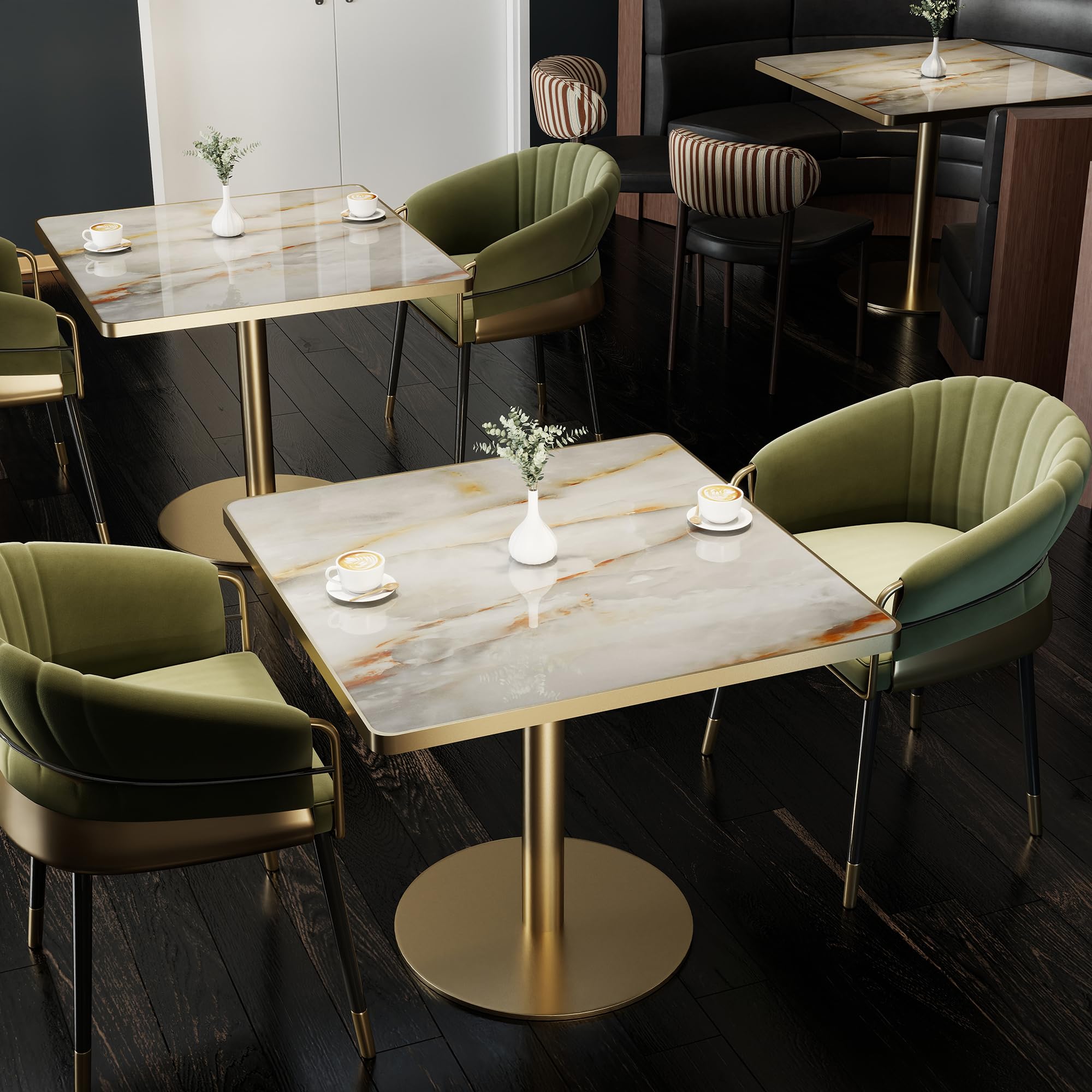 hausway 31.5" Tulip Table,Square Kitchen Dining Table for 2-4 with Thick Sintered Stone Top,Titanium Golden Pedestal Base,Heat-Resistant,Bistro Table for Dining Room,Café,Small Space（Sunrise Strings）
